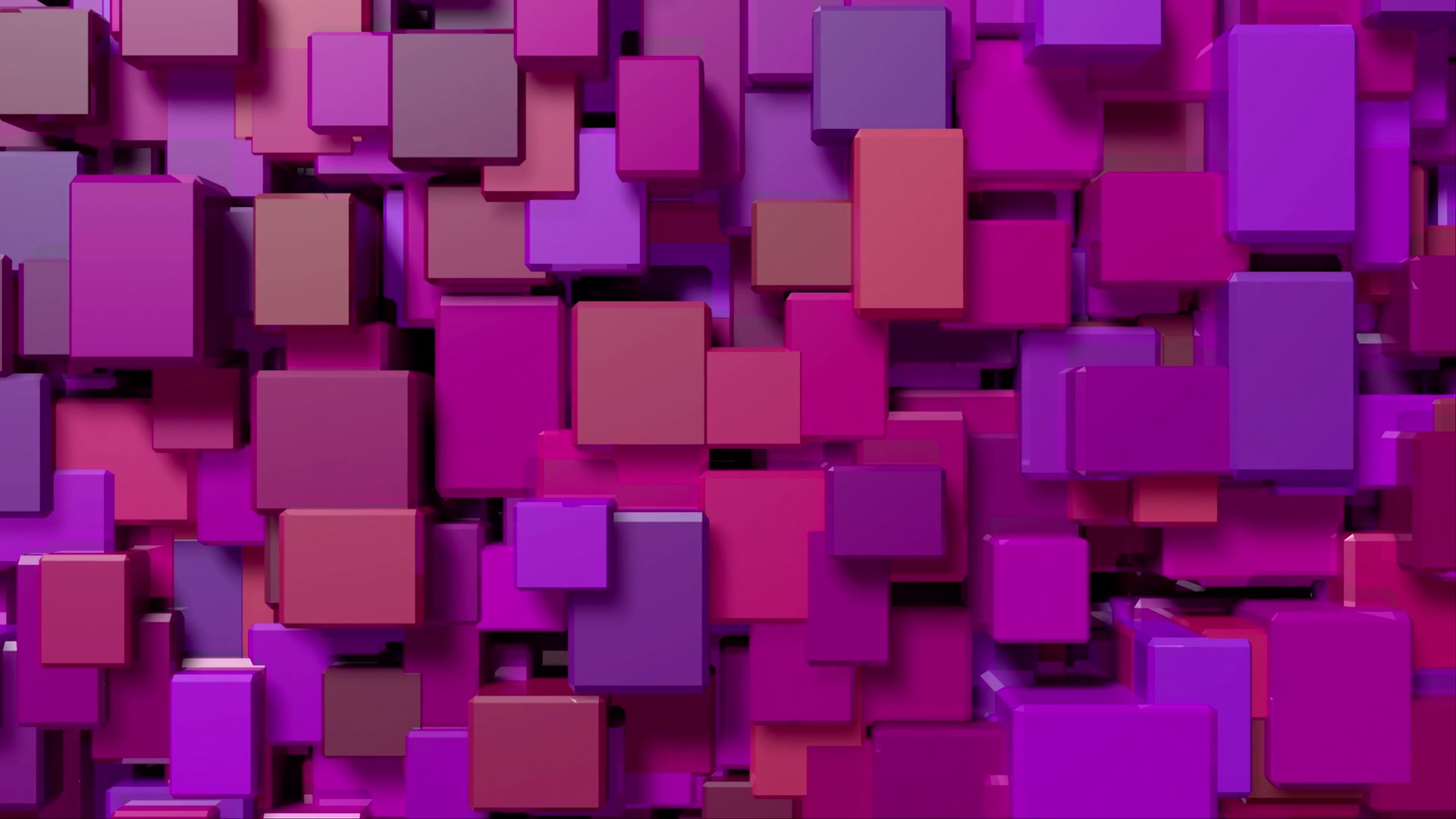An abstract 3D animation loop featuring colorful cubes and rectangles in shades of purple, pink, and red, layered to create a vibrant and dynamic geometric pattern.