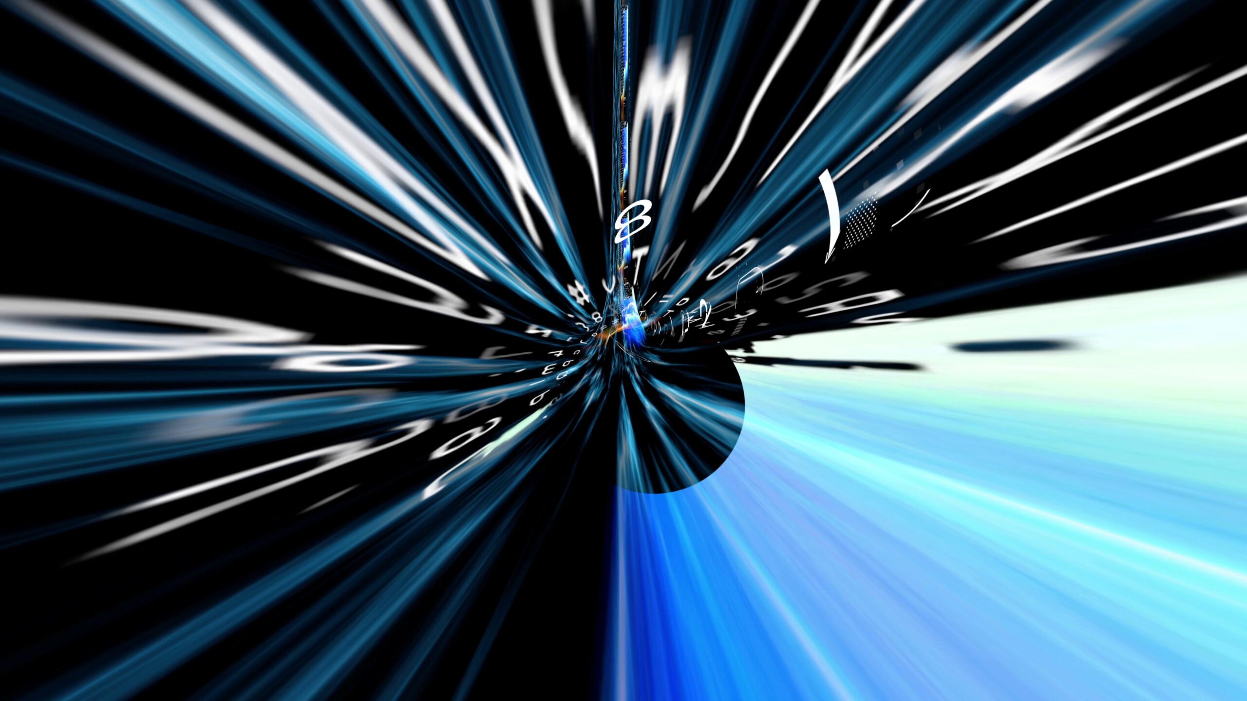 Abstract 4K video loop showing swirling numbers and symbols in a vortex with blue and black streaks radiating from a central point.