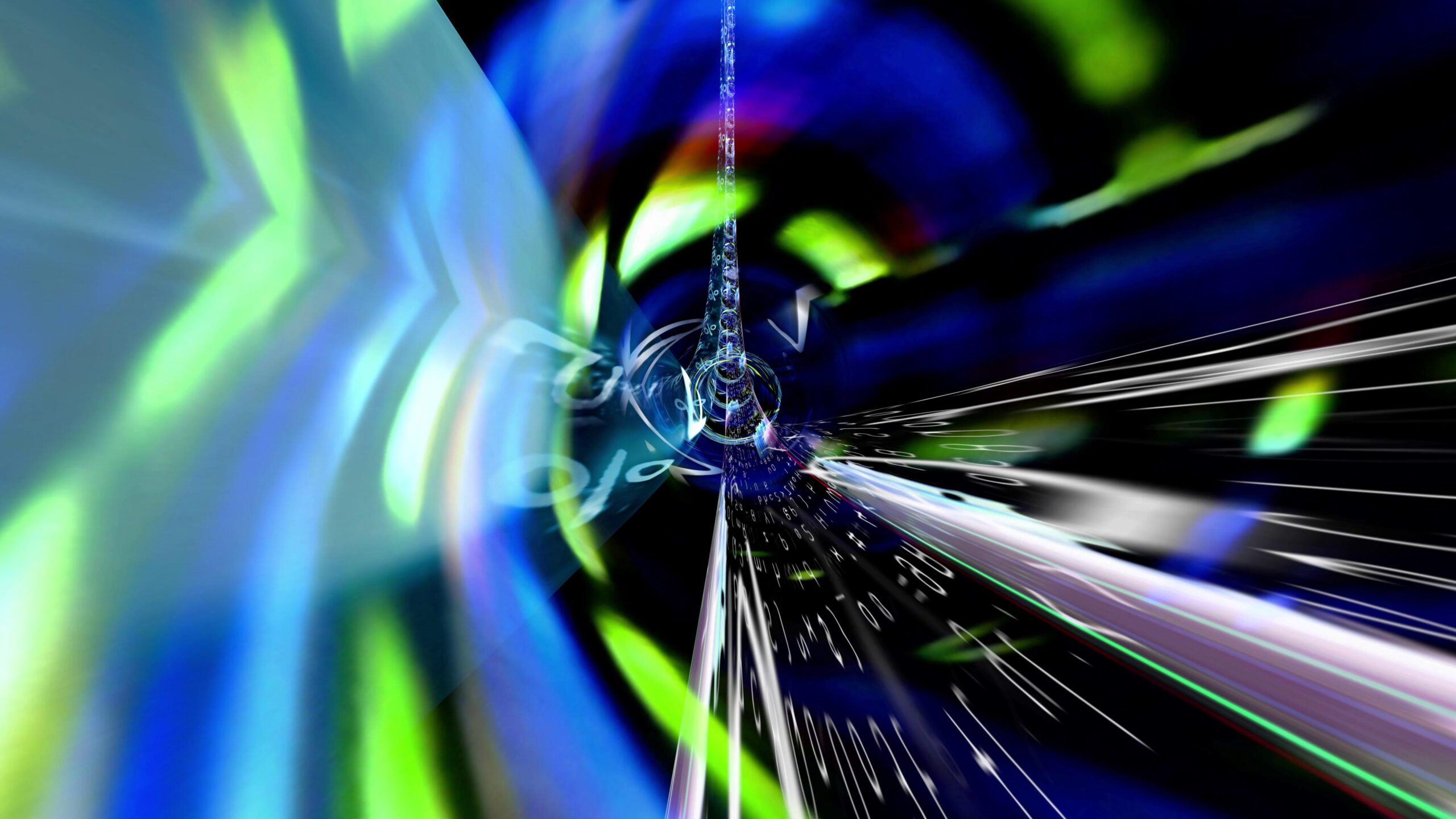 The 4K video loop showcases a mesmerizing digital tunnel filled with vibrant streaks and glowing lines that radiate outward from a central point, creating an illusion of high-speed motion through space.