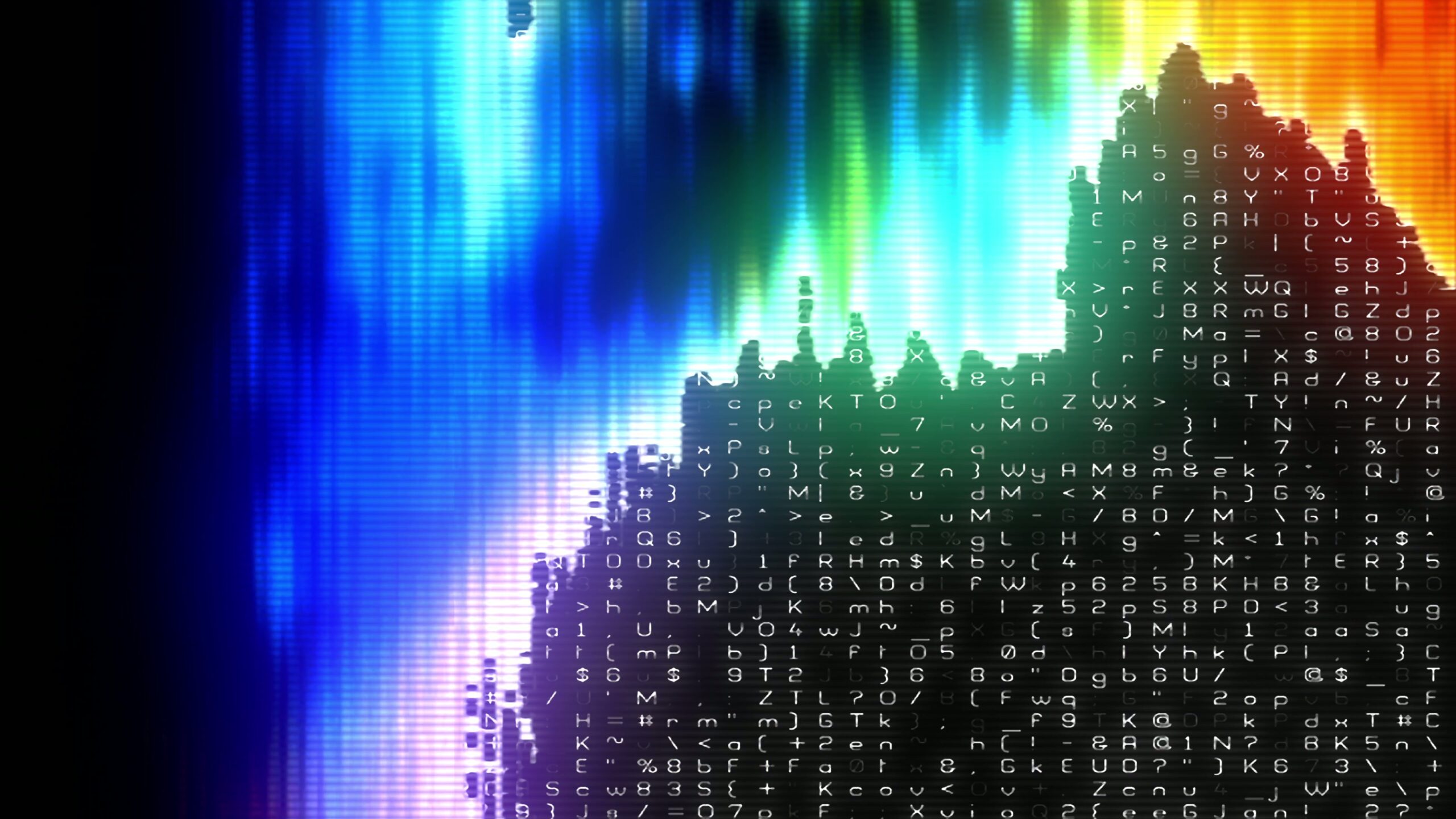 Abstract digital video loop with colorful gradients and alphanumeric data code overlays.