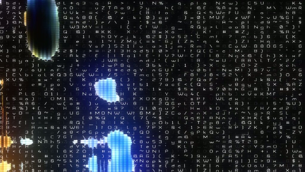 An abstract digital animation loop featuring a chaotic array of white alphanumeric characters and symbols against a dark background, with glowing blue and orange highlights, representing the theme of technology and data flow.