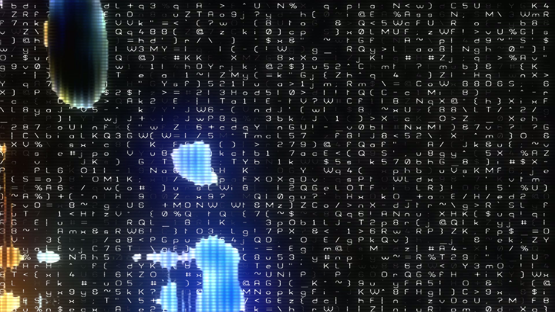 An abstract digital animation loop featuring a chaotic array of white alphanumeric characters and symbols against a dark background, with glowing blue and orange highlights, representing the theme of technology and data flow.