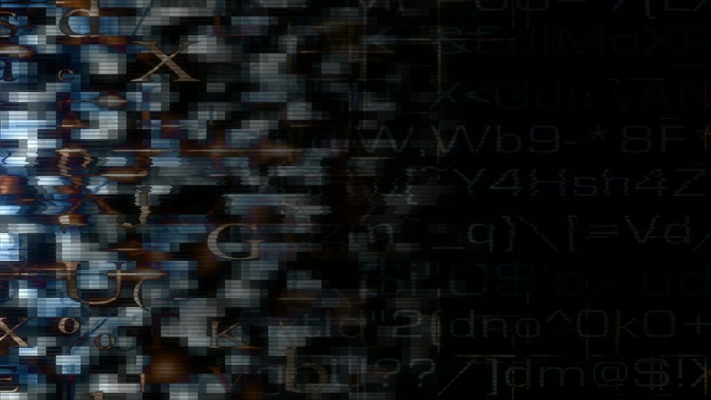 Cryptic digital abstract looping video with pixelated letters and symbols.