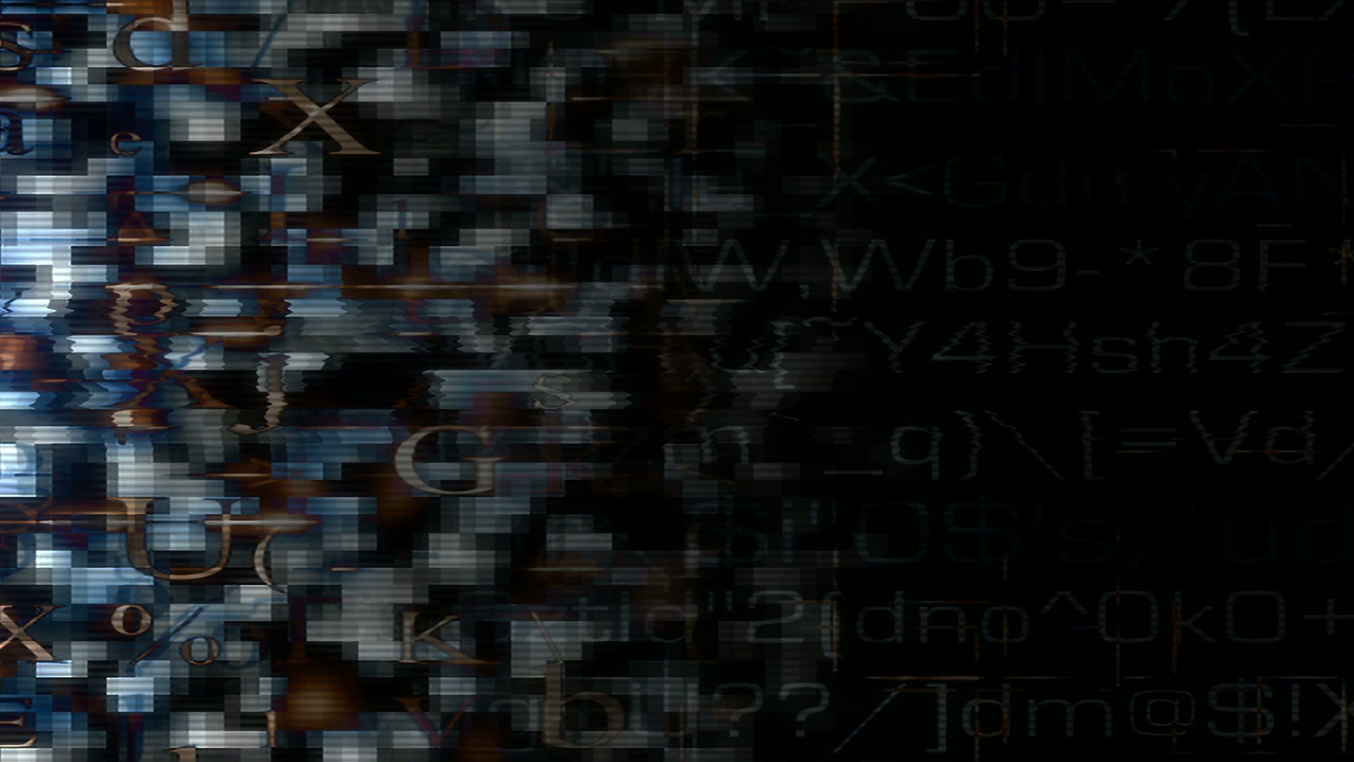 Cryptic digital abstract looping video with pixelated letters and symbols.