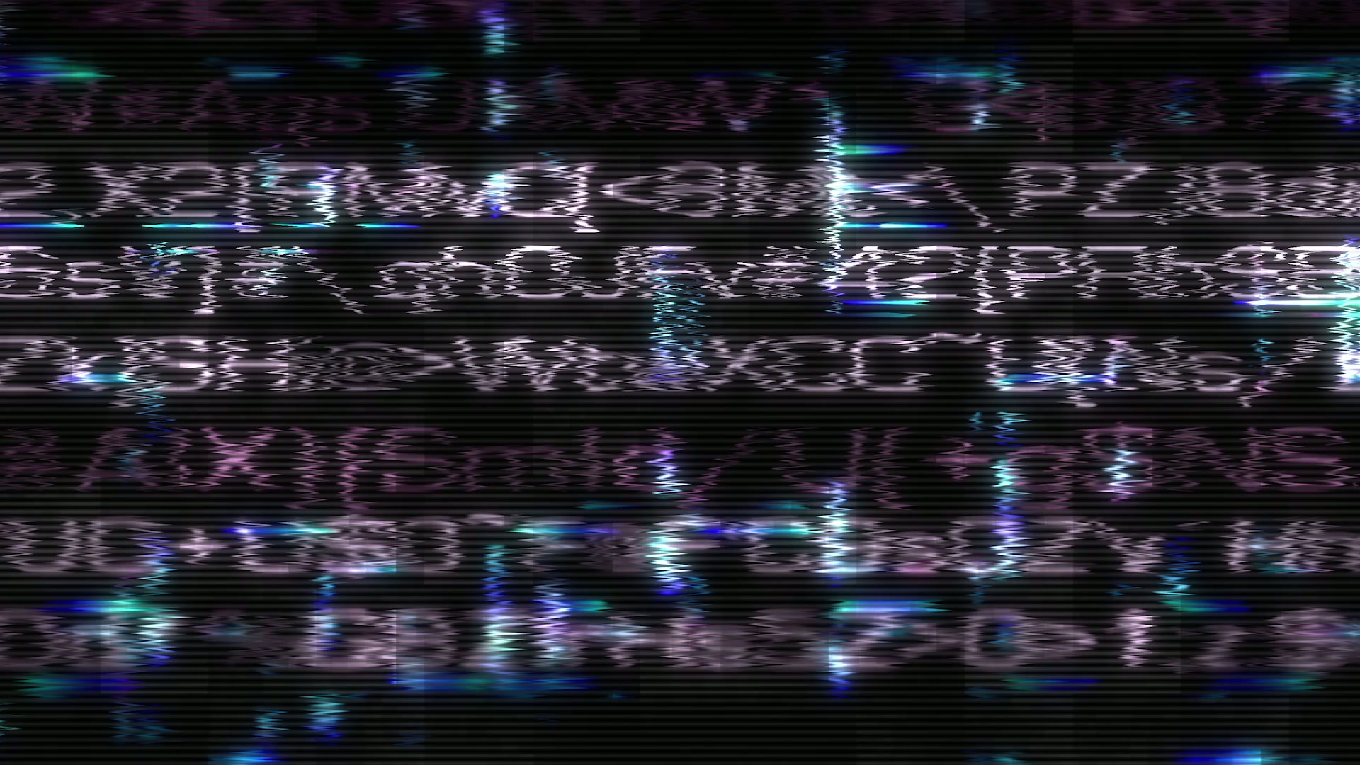 Video loop of a digitally glitched screen showing distorted text and symbols in vibrant colors on a dark video background.