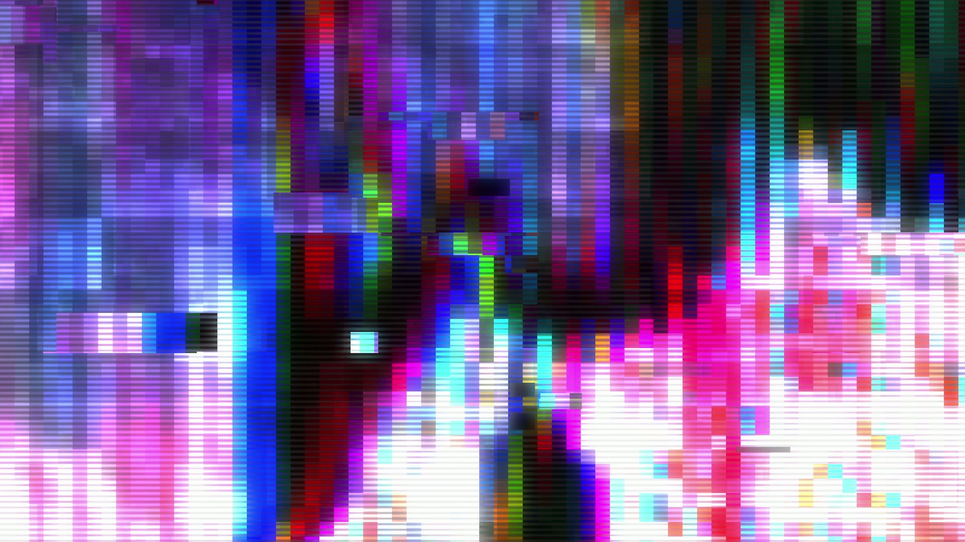 A vibrant digital glitch art video loop with colorful horizontal lines and blocks, showcasing an abstract distortion in magenta, blue, green, and purple hues.