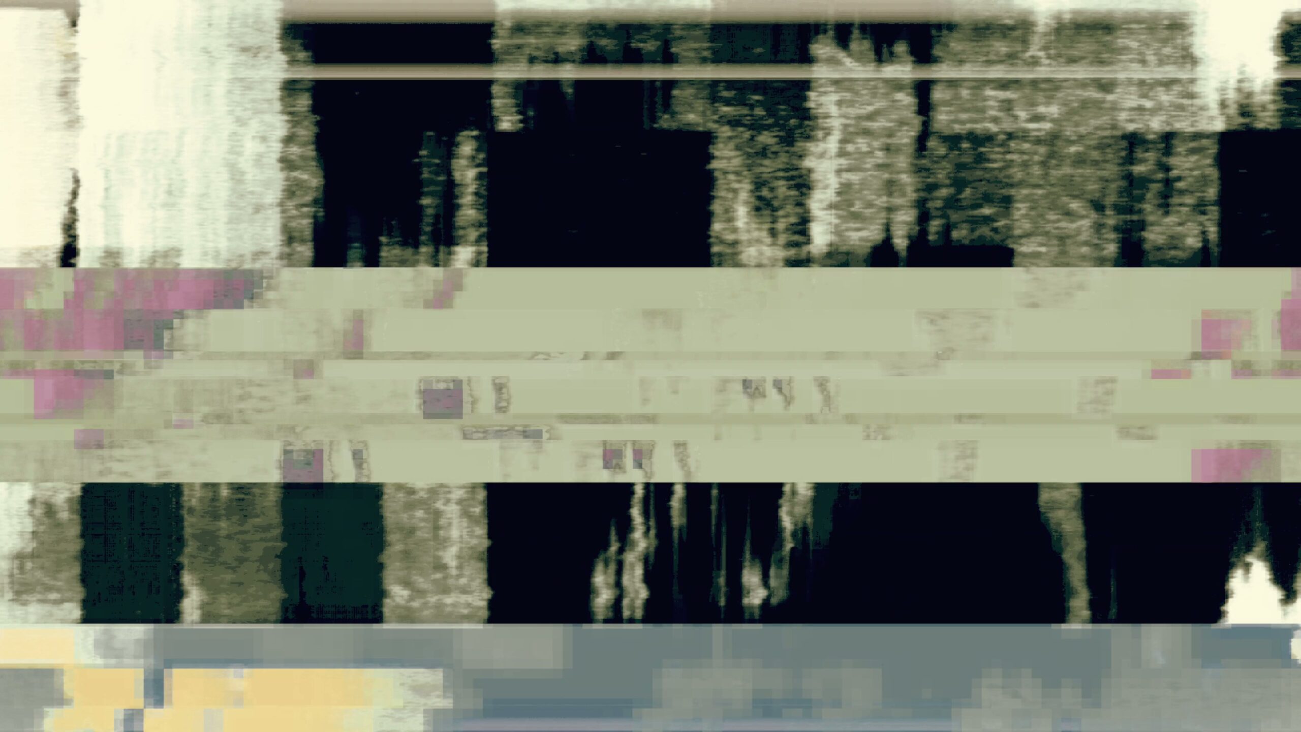Abstract digital 4K video loop with glitch aesthetics, featuring horizontal bands and complex textures in multiple colors.