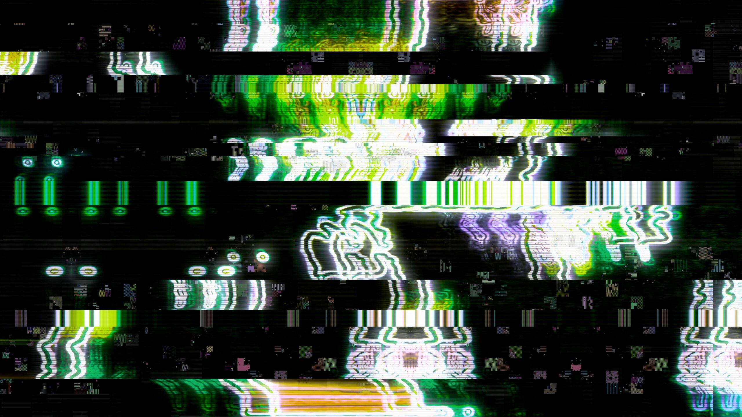 Abstract Glitch Visual Noise Pattern With Neon Colors And Broken Lines On Black Background For Cyberpunk Theme