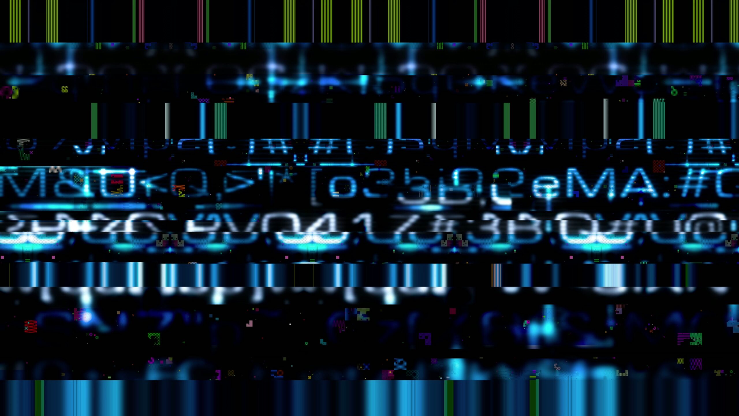 4K video loop of an abstract digital glitch with vibrant blue code and symbols on a dark background, showing digital complexity and error.