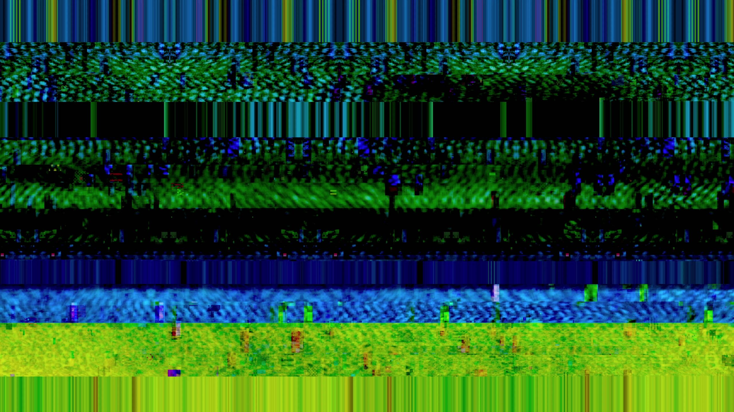 Abstract 4K video loop with glitch effect using blue, green, and yellow bands creating dynamic distortions.