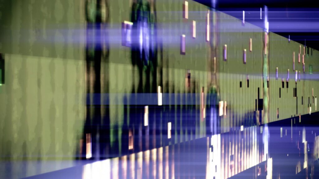 Abstract glitch art featuring vibrant neon lights moving dynamically across black video background with shifting colors and floating geometries.