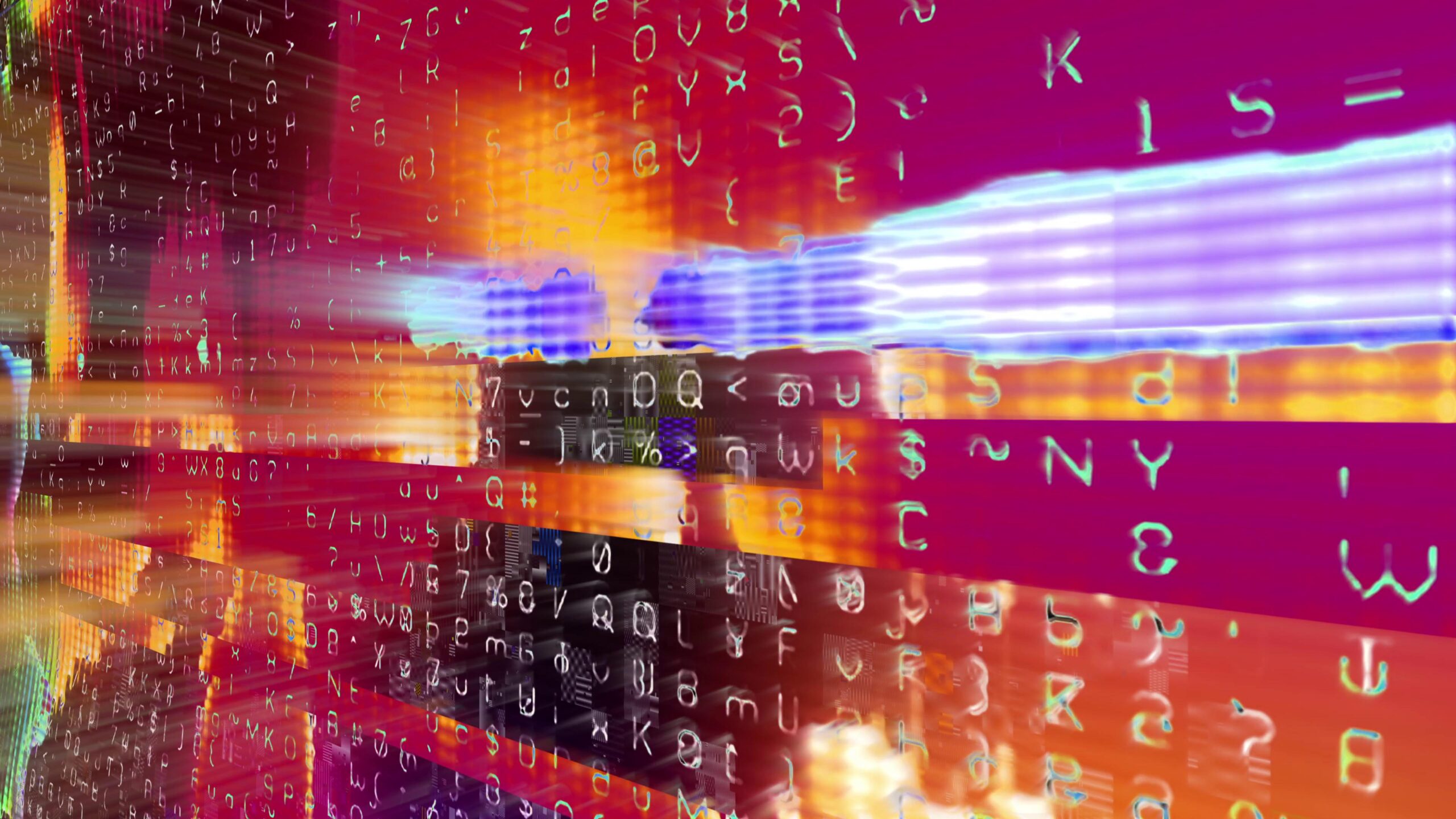 Abstract animated data stream background featuring floating ASCII code sequences on vibrant gradient screens.