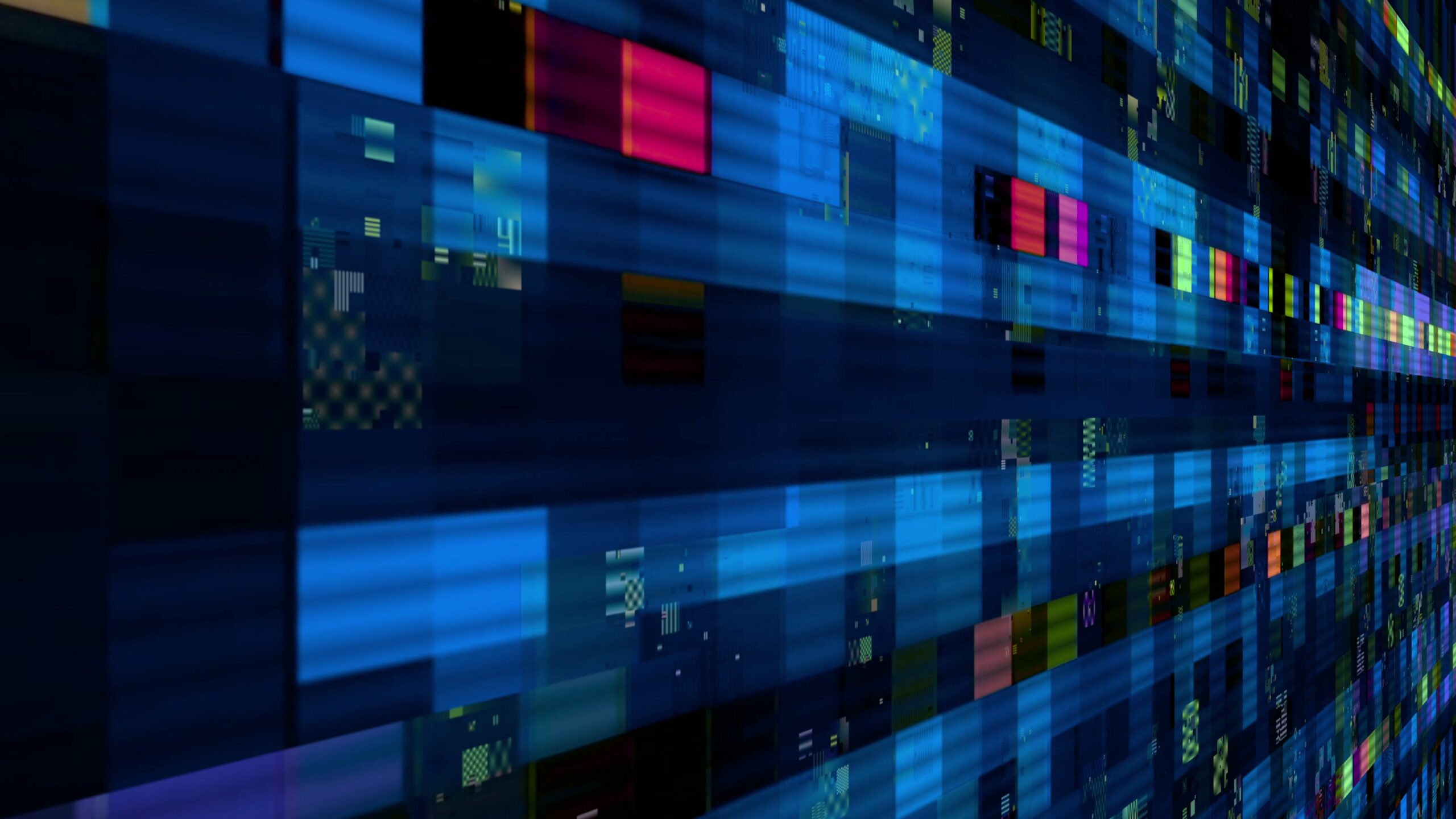 Abstract digital data stream with colorful blocks representing technology and information flow against a blue background.