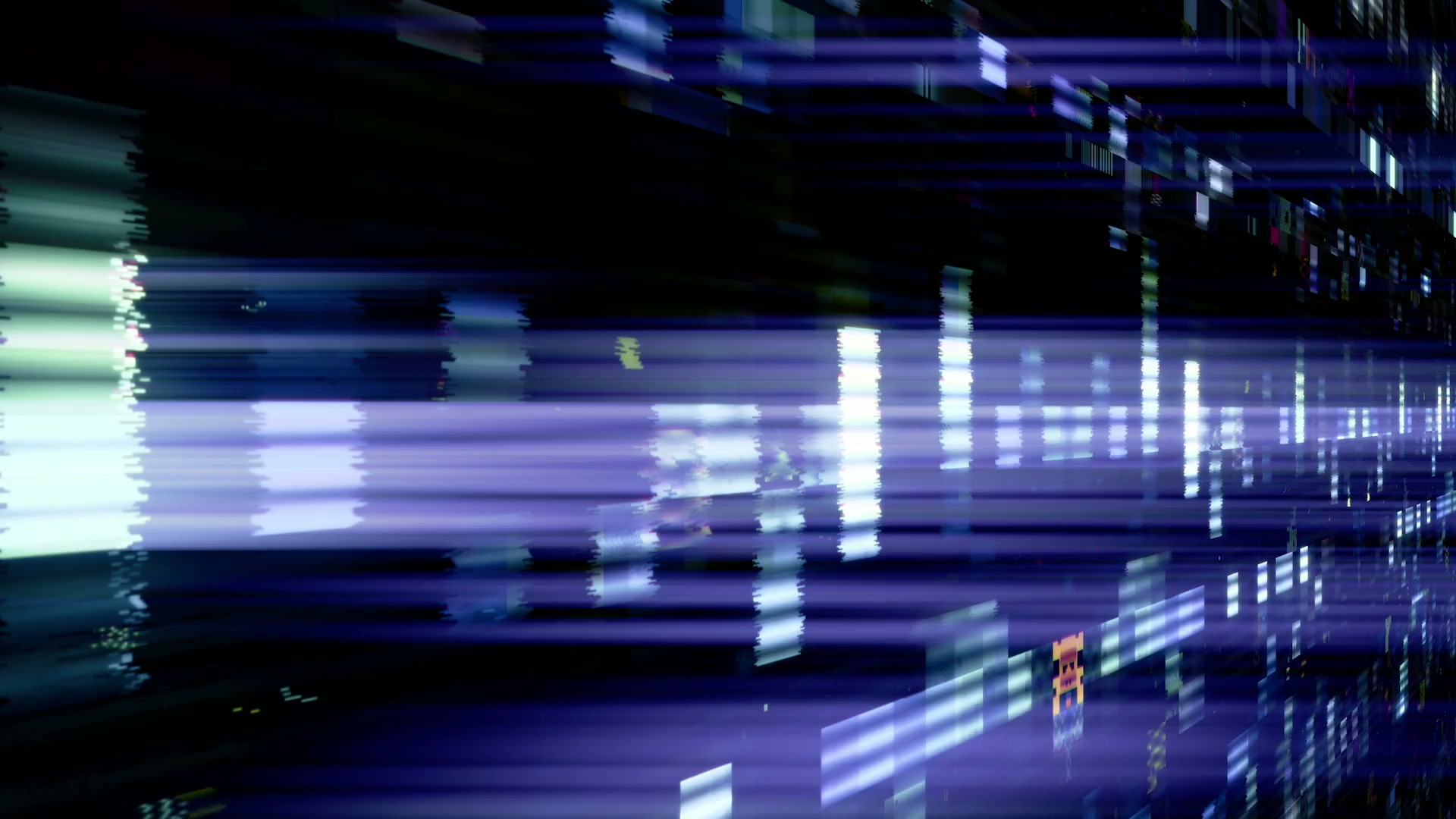 This video is an abstract loop featuring horizontal streaks of digital glitch light in shades of blue and purple.