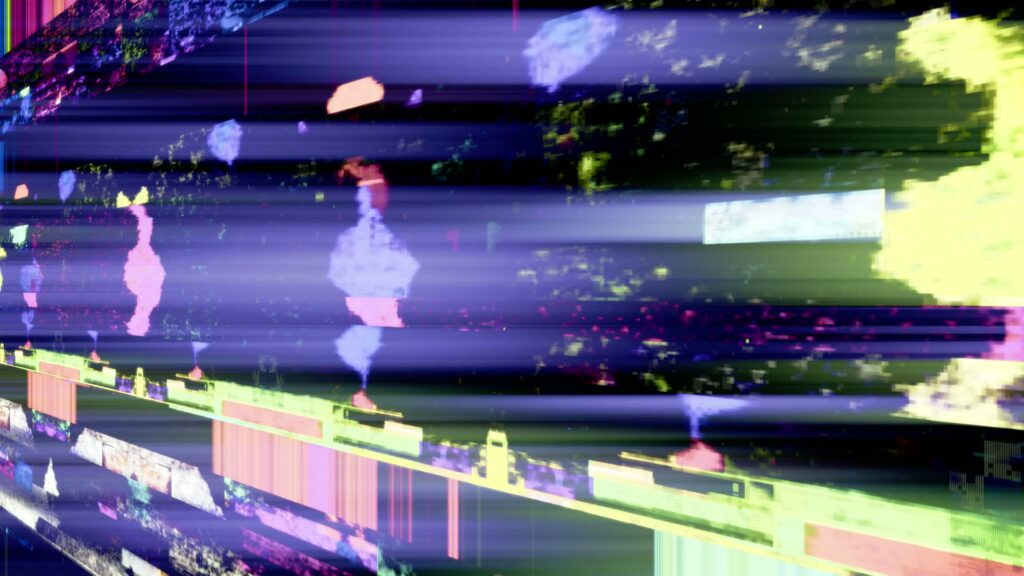 A vibrant and abstract digital glitch art video loop with colorful horizontal streaks in purples, pinks, and greens, displaying a dynamic and chaotic animation.