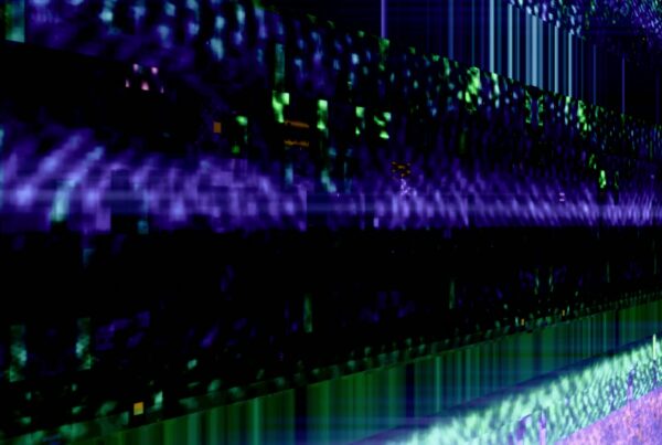 Abstract digital video loop featuring vibrant purple and green colors with distorted lines and glitch effects, creating a sense of modernity and technological disruption.