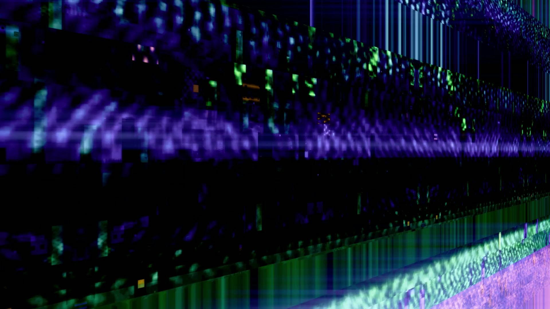 Abstract digital video loop featuring vibrant purple and green colors with distorted lines and glitch effects, creating a sense of modernity and technological disruption.