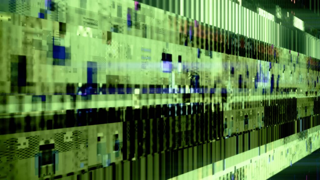 Abstract digital glitch art looping video featuring green and blue hues with a dynamic pattern of intersecting lines and rectangles resembling a distorted pixelated screen.