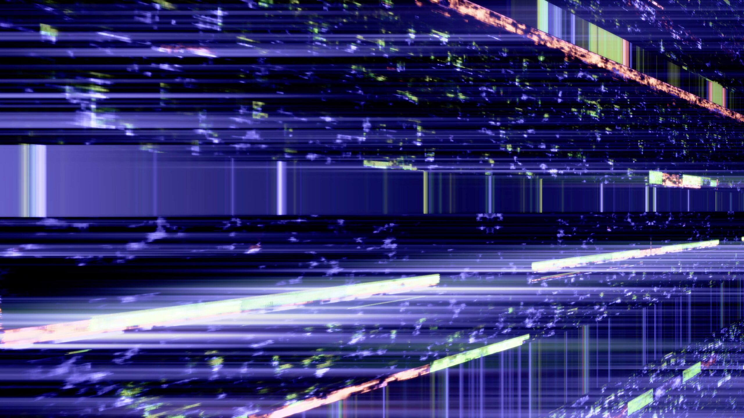 An abstract digital art 4K video loop featuring glitch effects with green, purple, and pink hues on a black background.