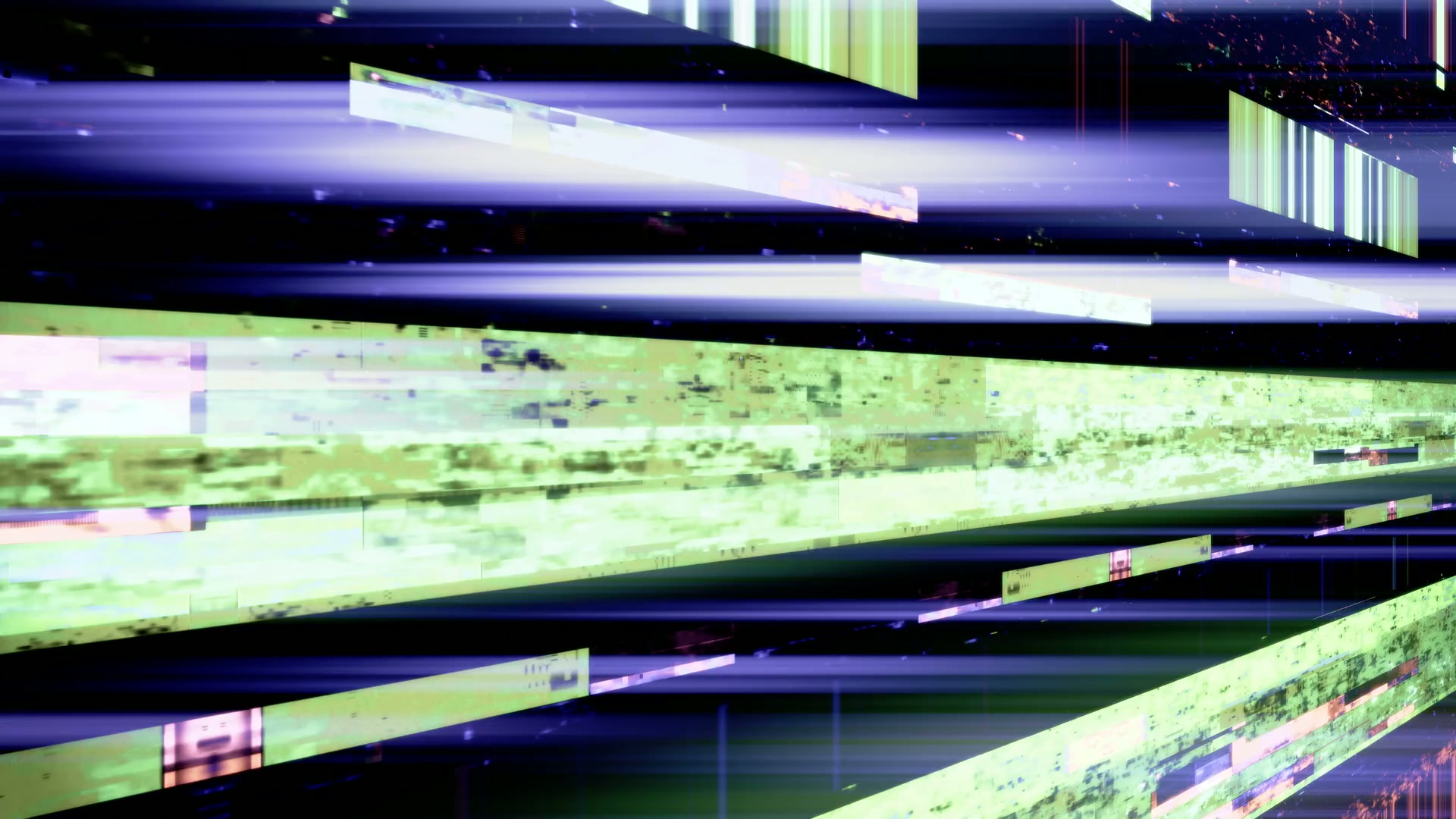 Abstract digital video loop with colorful horizontal streaks, depicting a glitch effect with shades of green and purple.