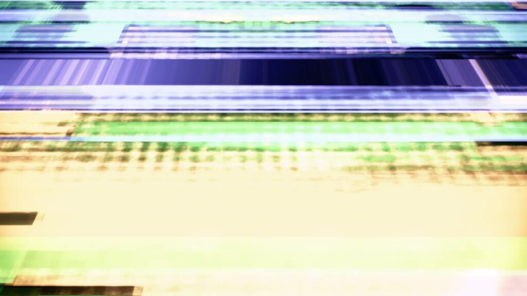 Abstract video loop with dynamic horizontal bands in blue, green, yellow, and purple hues, creating a vibrant glitch art effect with a sense of energy and texture.