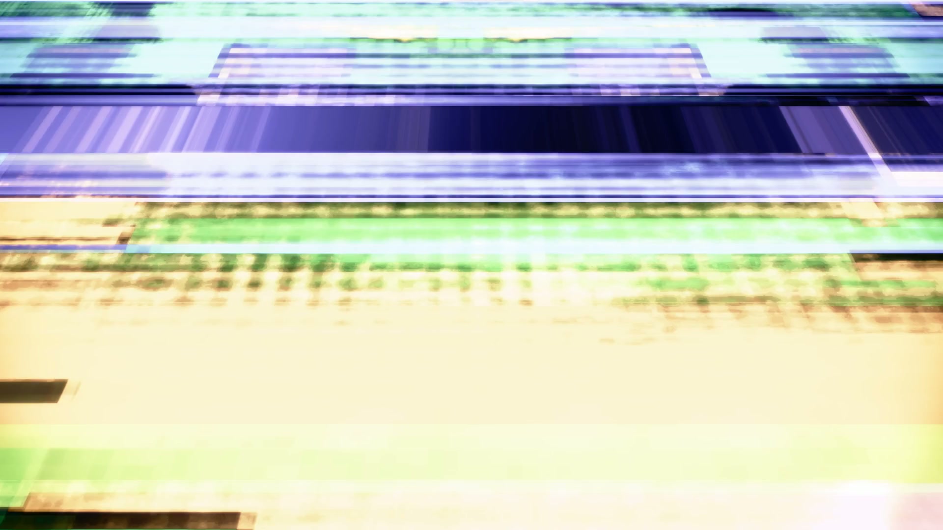 Abstract video loop with dynamic horizontal bands in blue, green, yellow, and purple hues, creating a vibrant glitch art effect with a sense of energy and texture.