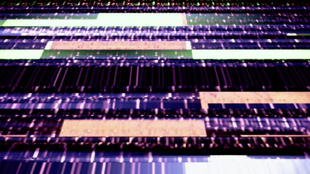 Abstract video loop with vibrant, glitchy digital stripes in purple, green, and beige, creating a dynamic and modern aesthetic.