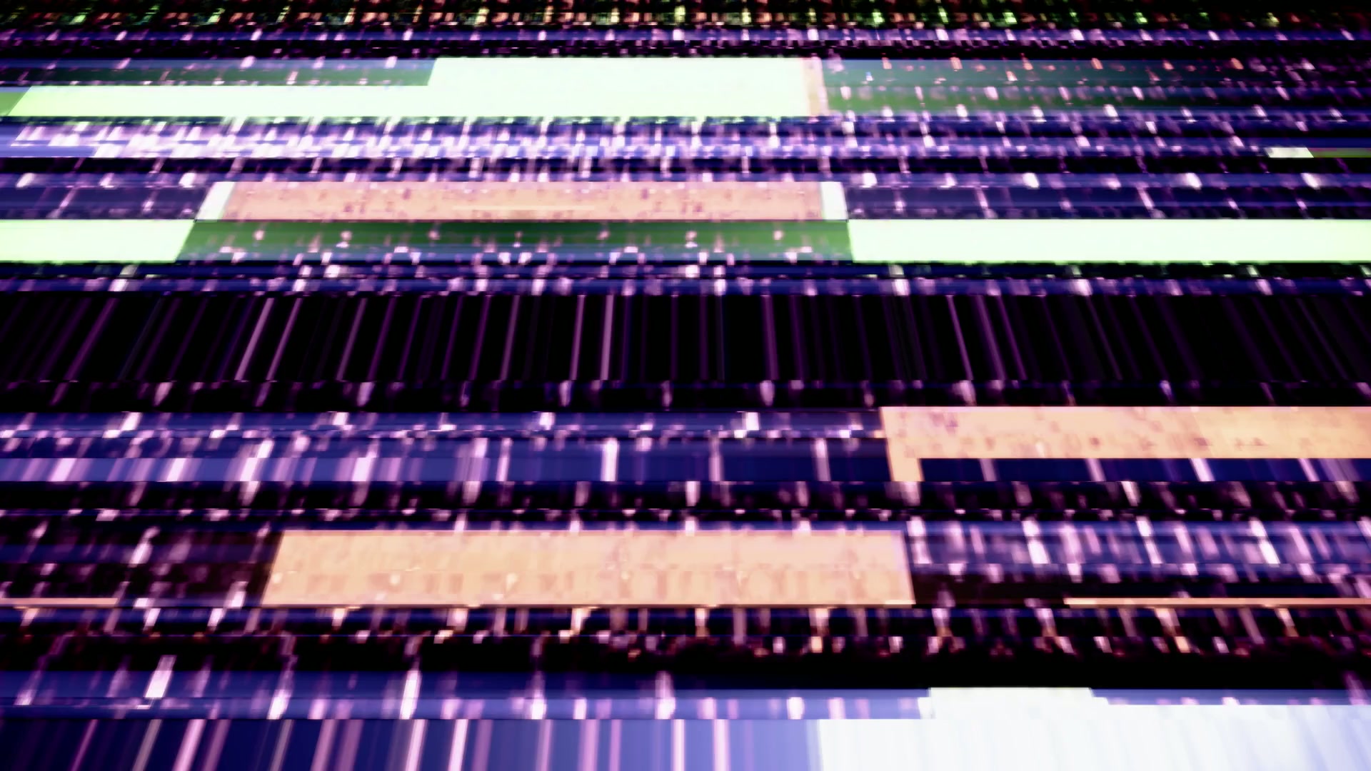 Abstract video loop with vibrant, glitchy digital stripes in purple, green, and beige, creating a dynamic and modern aesthetic.