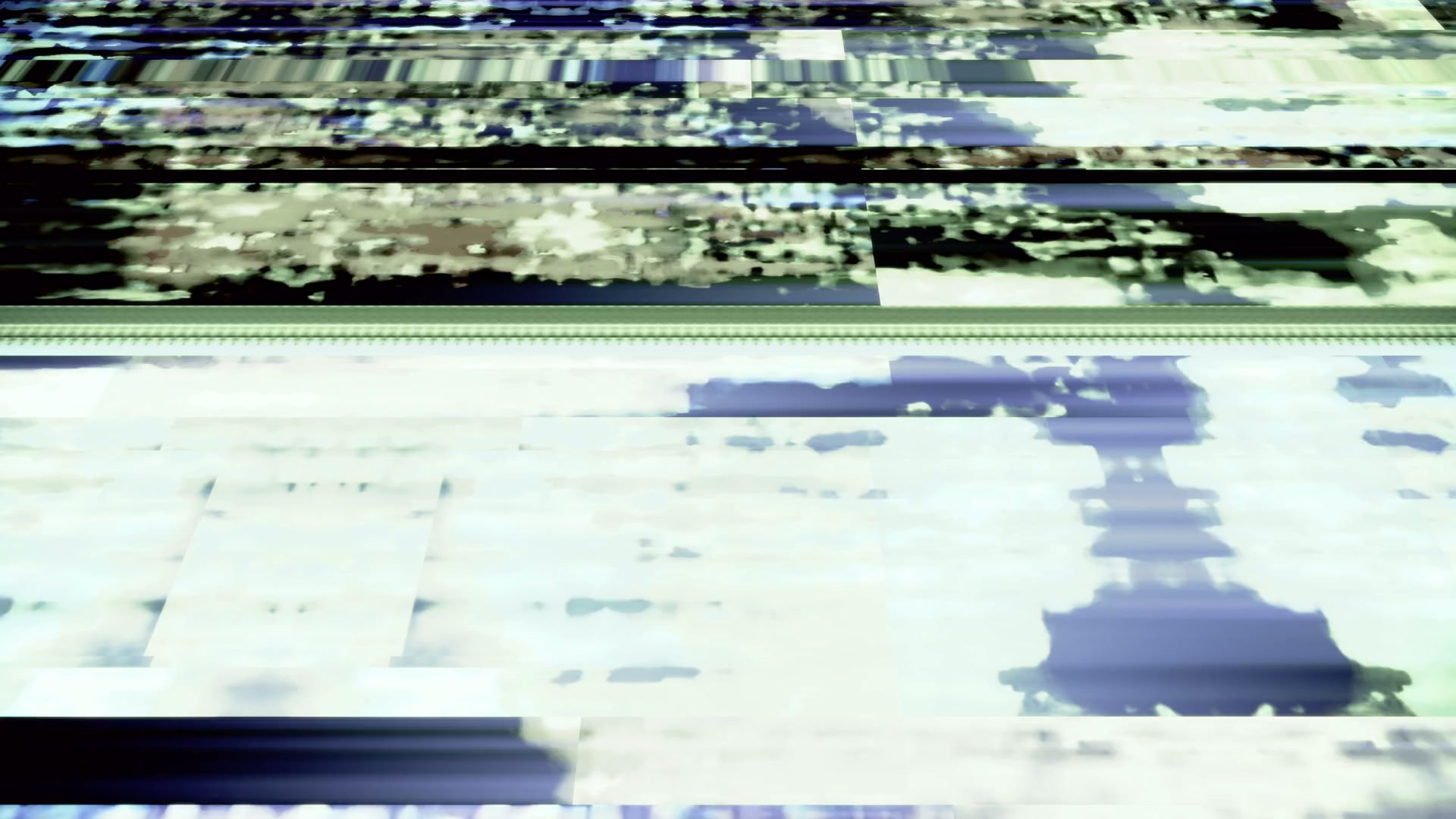 An abstract digital looping video featuring a glitch effect with horizontal lines and fragmented colors in shades of blue, green, and beige, creating a surreal and complex composition.