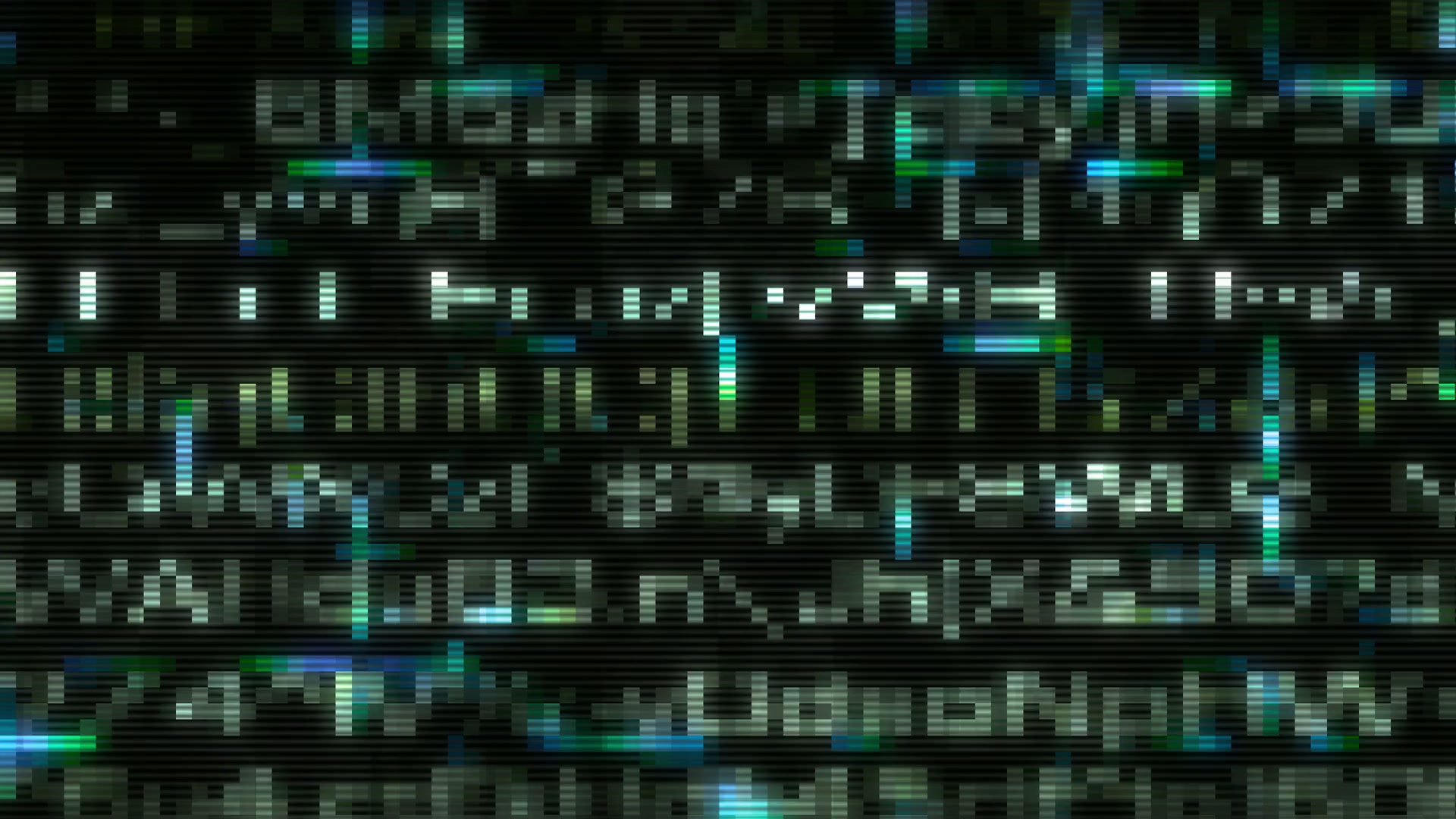 A digital screen displays glitchy video loop of pixelated text in white, blue, and green on a black background, resembling a vintage CRT monitor with a cyberpunk aesthetic.
