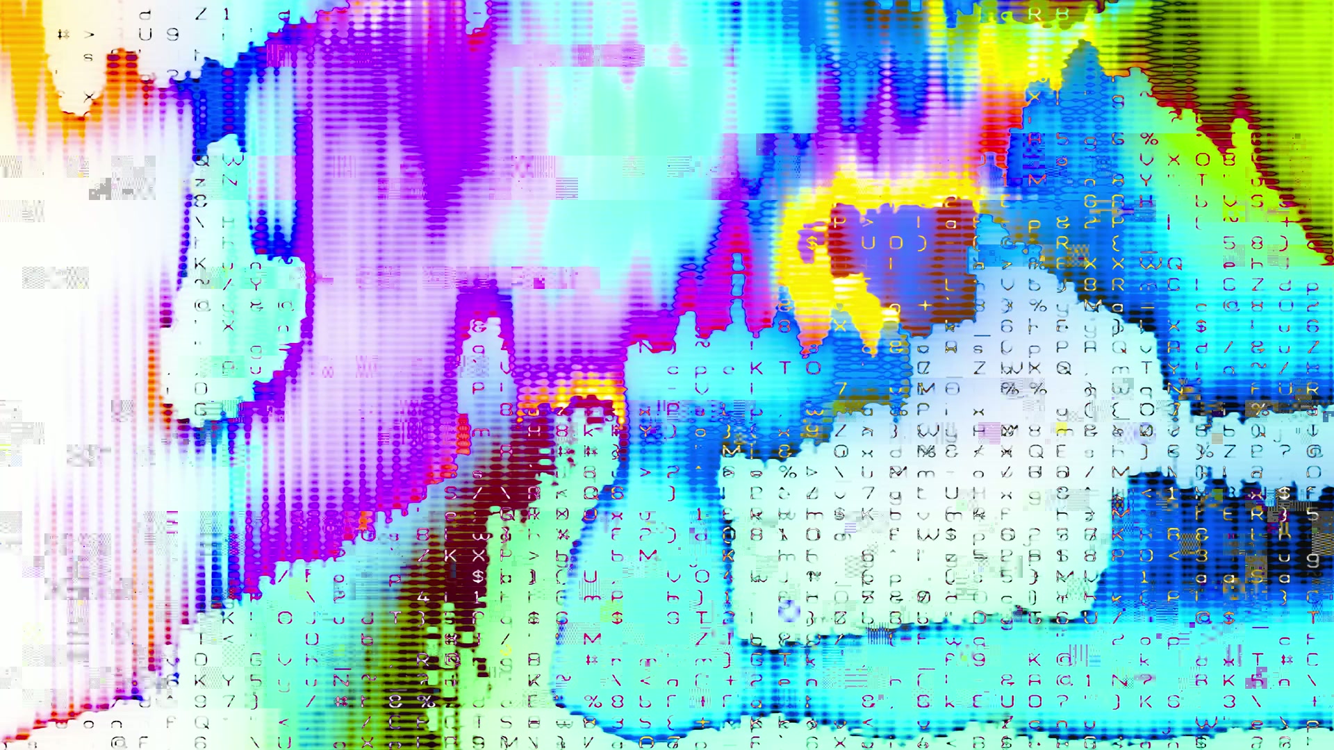 Abstract digital video loop featuring vibrant colors and a pixelated glitch effects with scattered letters and numbers.