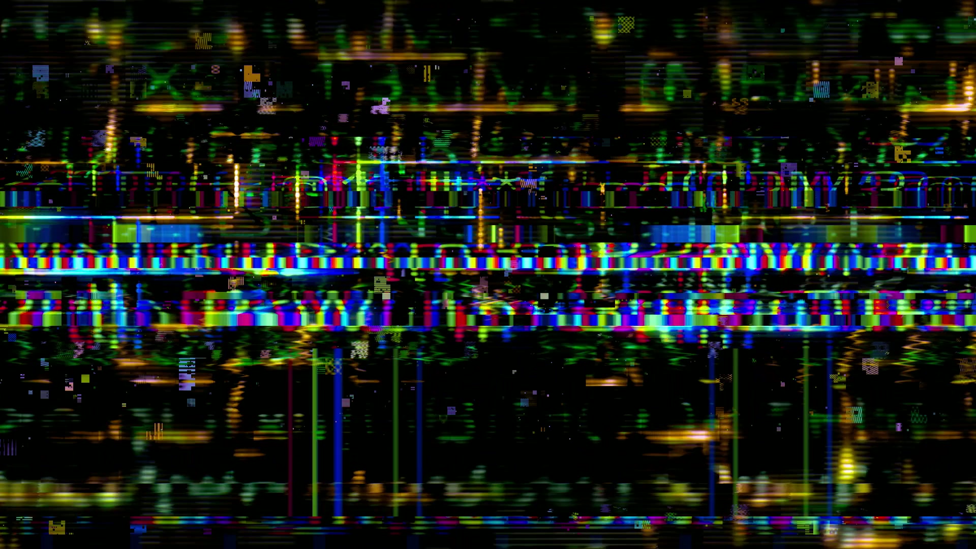 A vibrant abstract video loop featuring colorful digital glitch art with horizontal bands and pixelated patterns against a dark background.