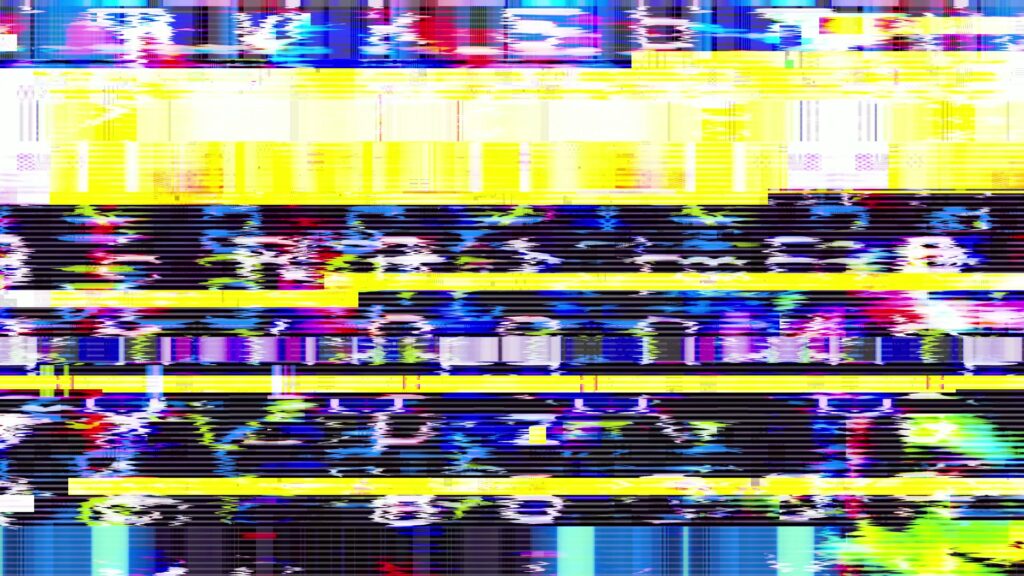Abstract digital video loop glitch art featuring vibrant yellow, blue, and red streaks with horizontal distortion lines creating a chaotic, colorful visual effect.