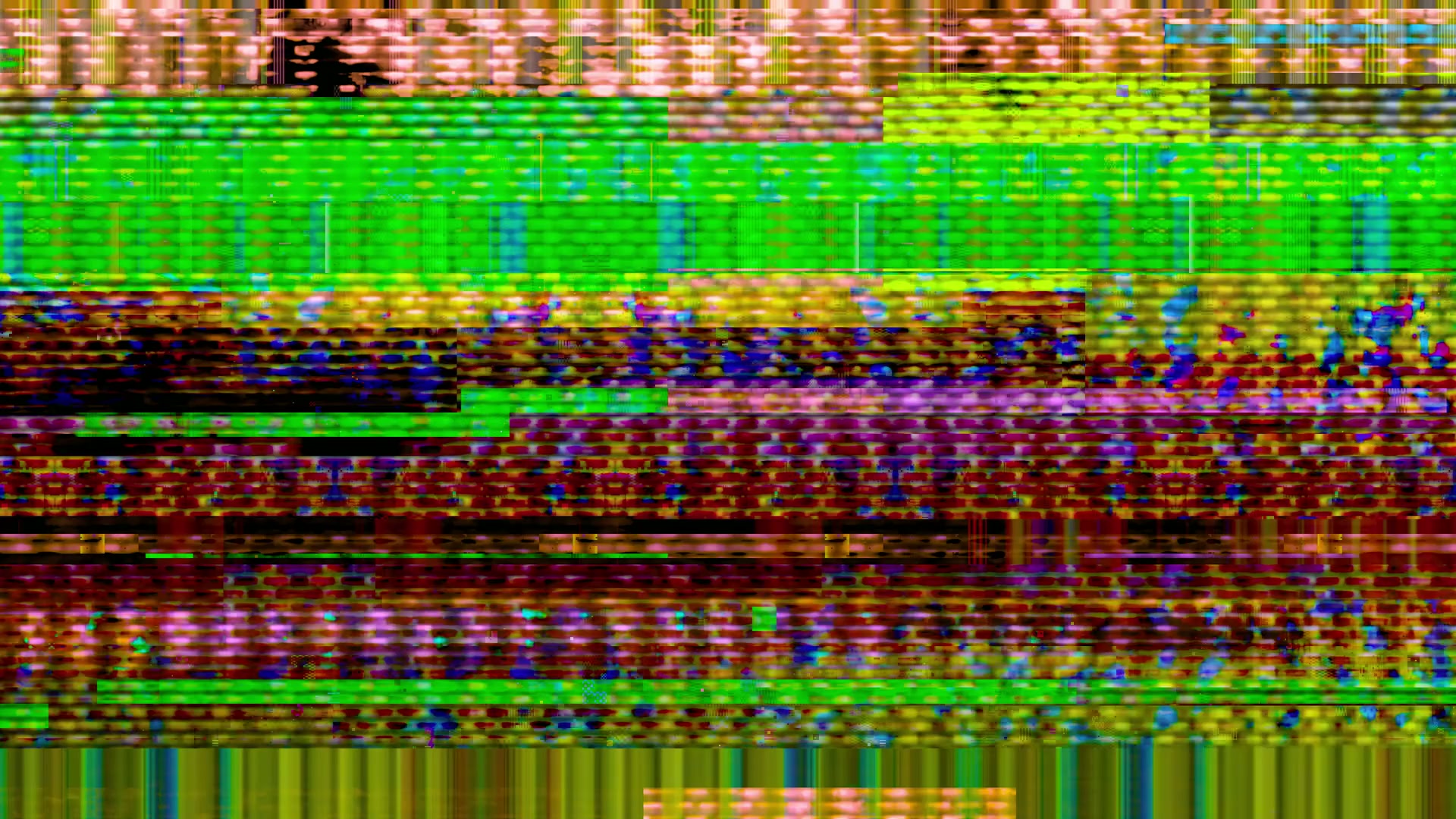 Abstract digital video loop glitch art showcasing vibrant colors and pixelated patterns, resembling a distorted electronic display with horizontal bands in green, red, yellow, and purple.