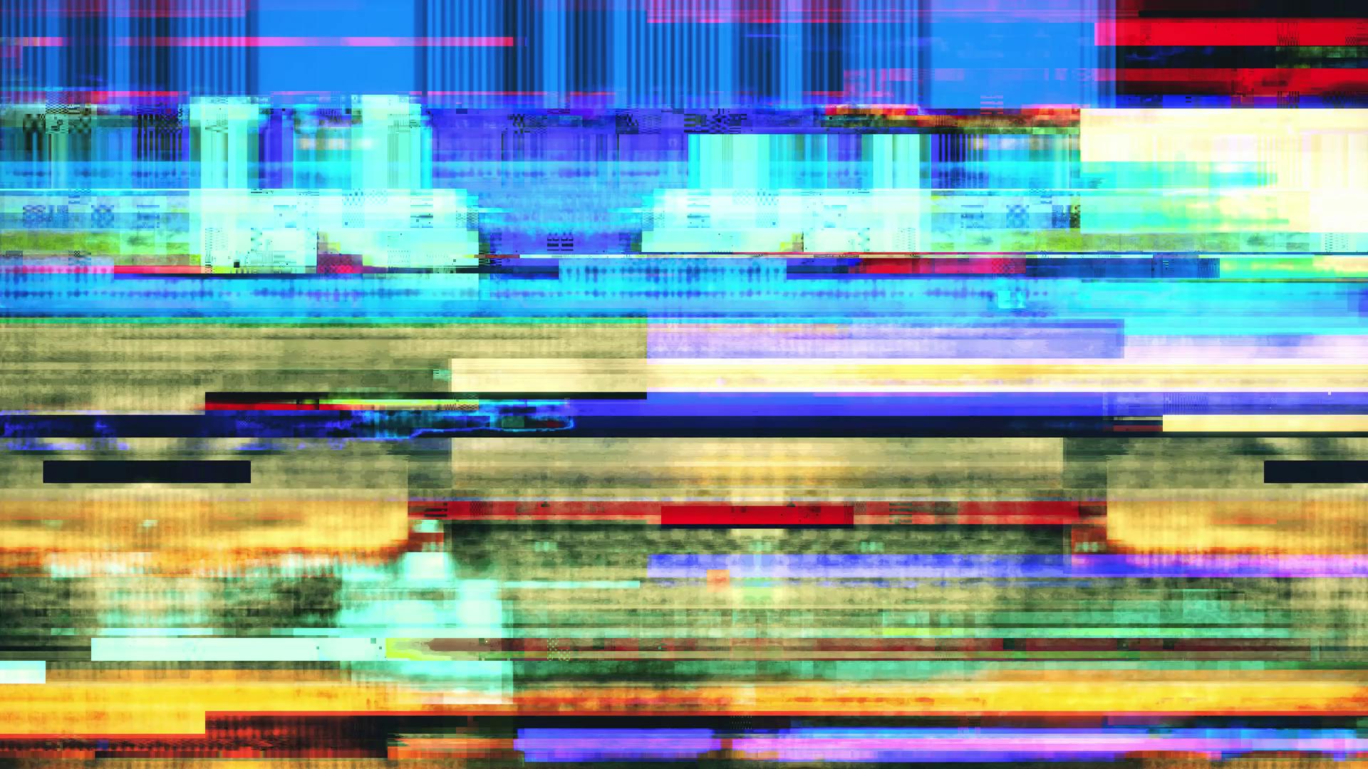 Abstract digital glitch video loop with vibrant colors and lines creating a chaotic pattern reminiscent of signal interference.