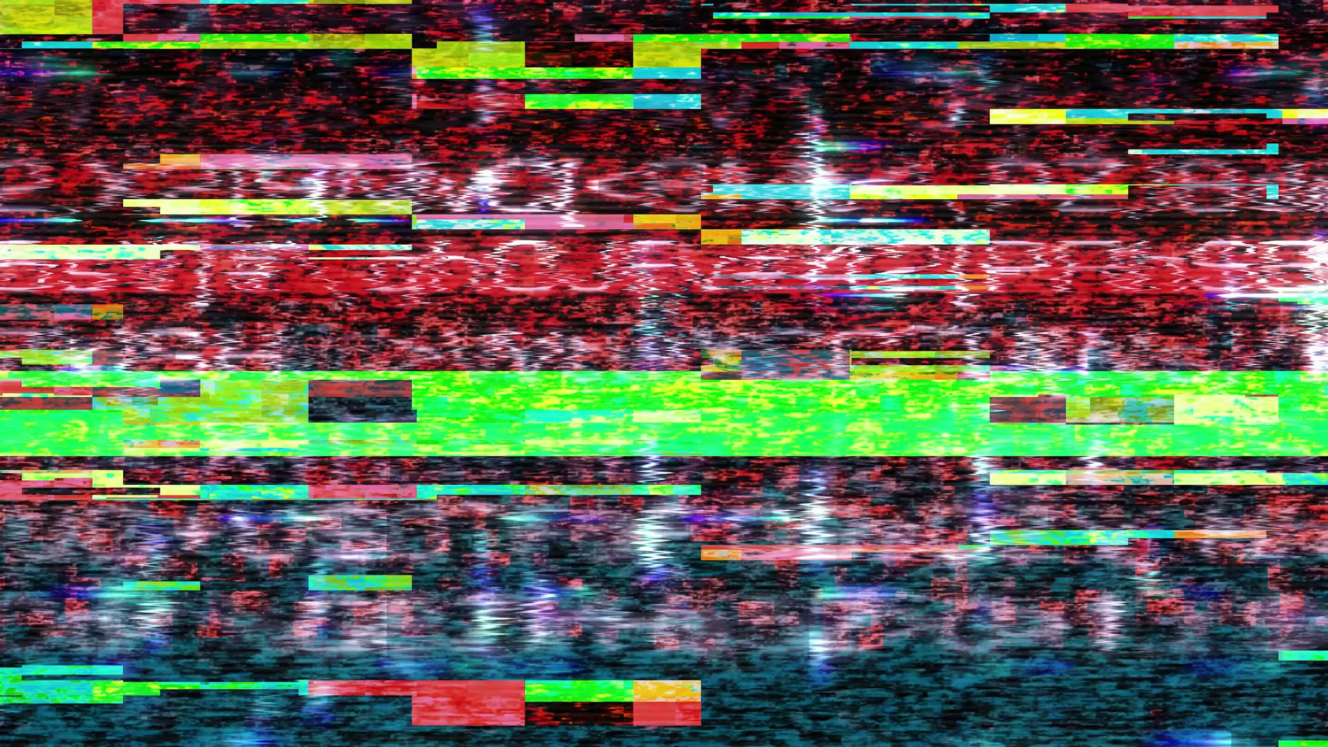 A vibrant digital video loop glitch featuring chaotic horizontal lines in red, green, and blue, evoking a sense of technological malfunction and abstract art.