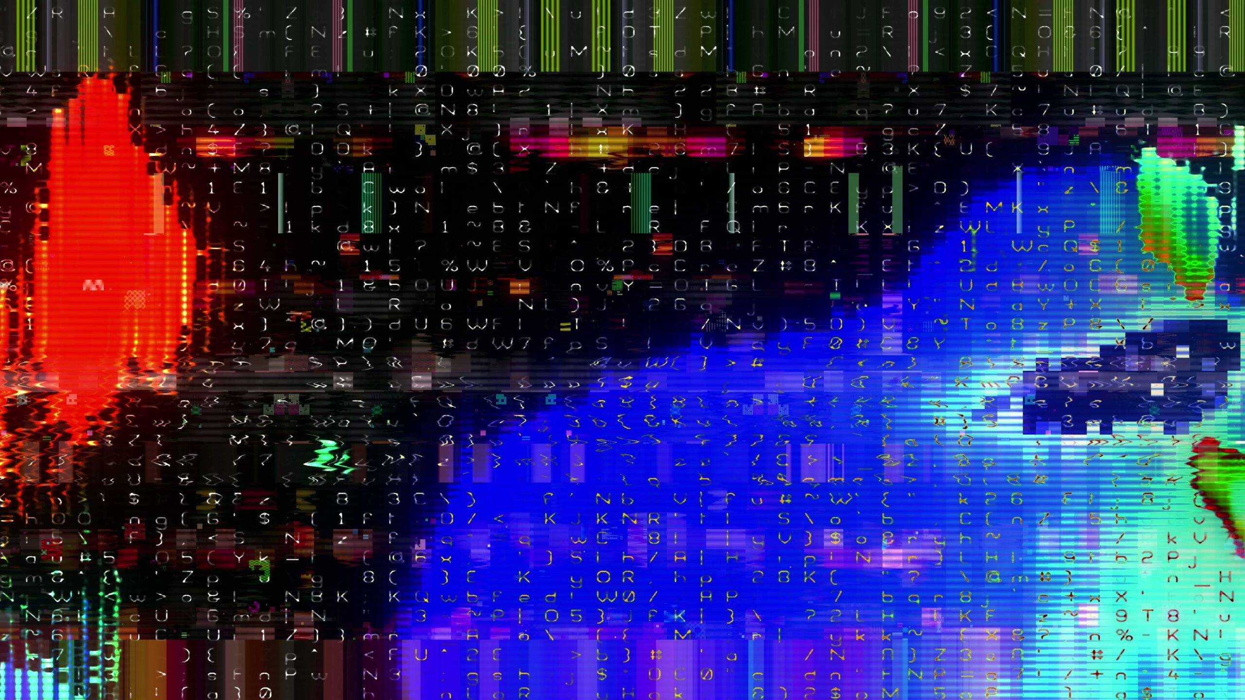 Abstract digital artwork with glitch effects, featuring bold colors, text, and symbols, resembling a corrupted screen.