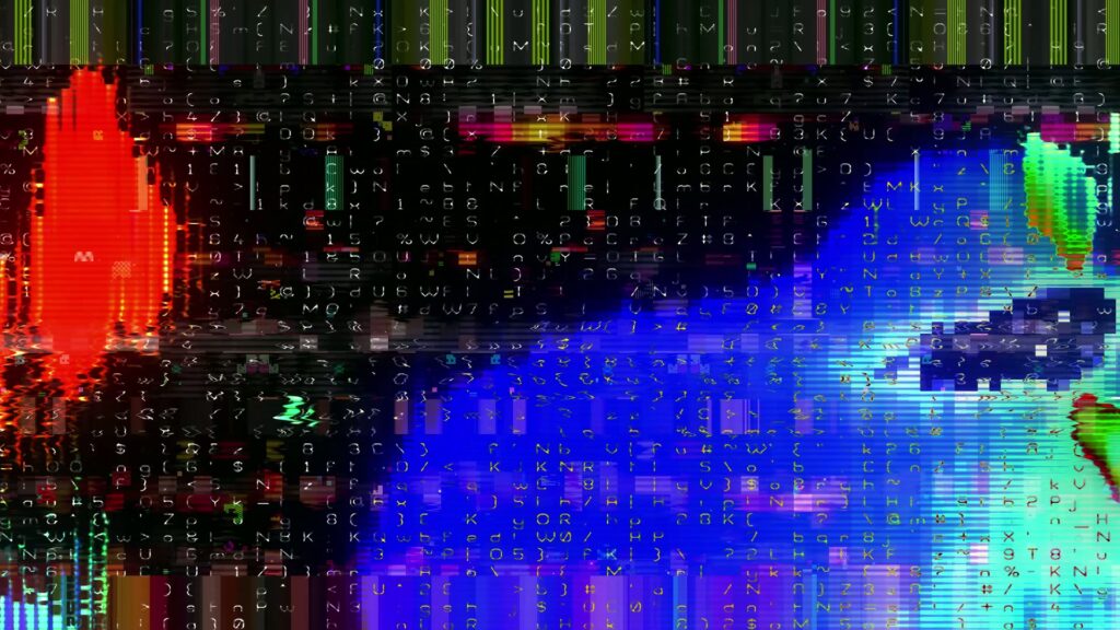 Vivid digital glitch art video loop featuring pixelated distortions with bright hues of red, green, and blue, interspersed with alphanumeric symbols creating a chaotic yet captivating abstract video.