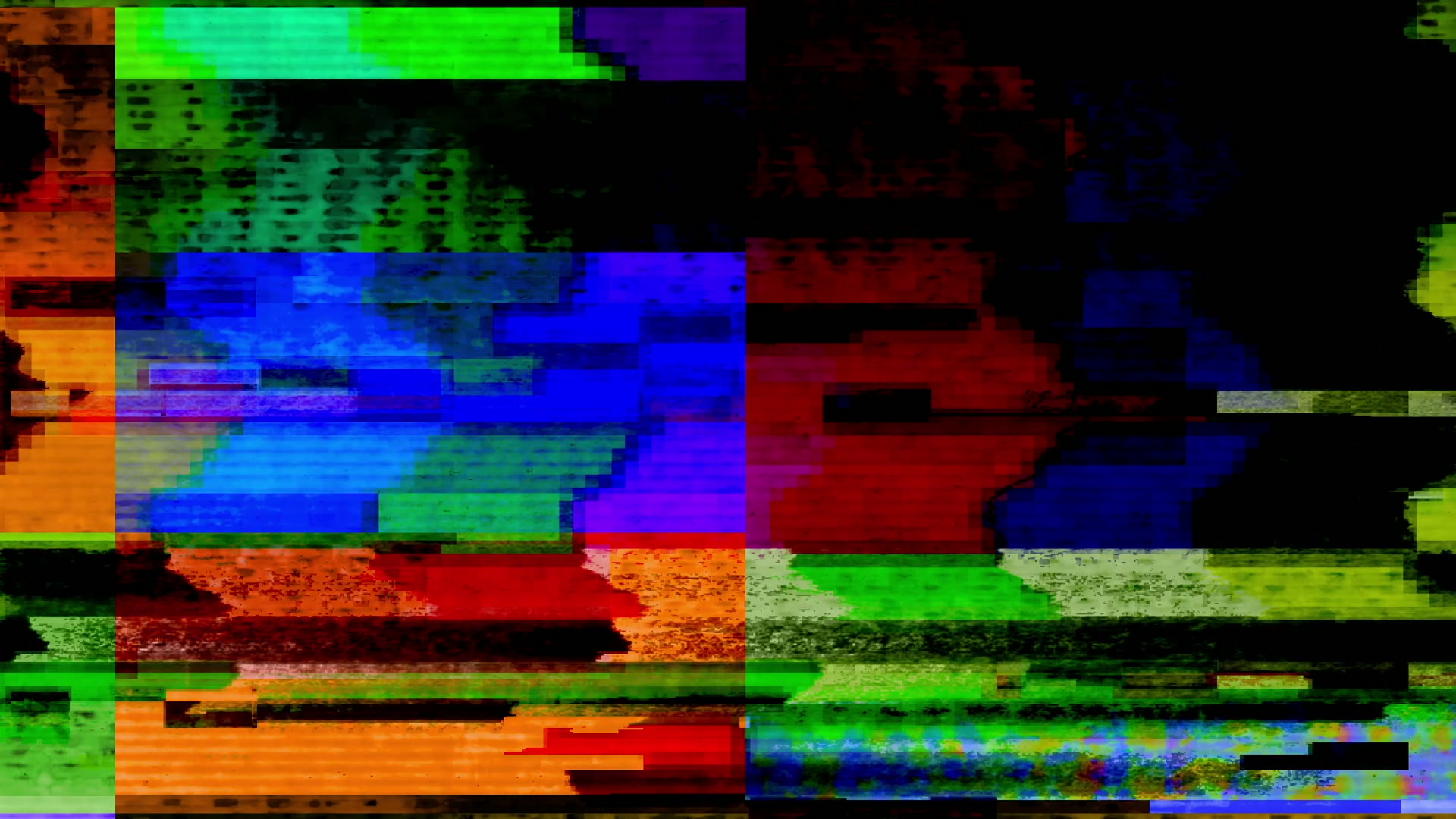 Vibrant HD video loop digital glitch art featuring a blend of vivid colors and chaotic patterns, resembling a distorted screen with intersecting lines and blocks in blues, reds, greens, and oranges.