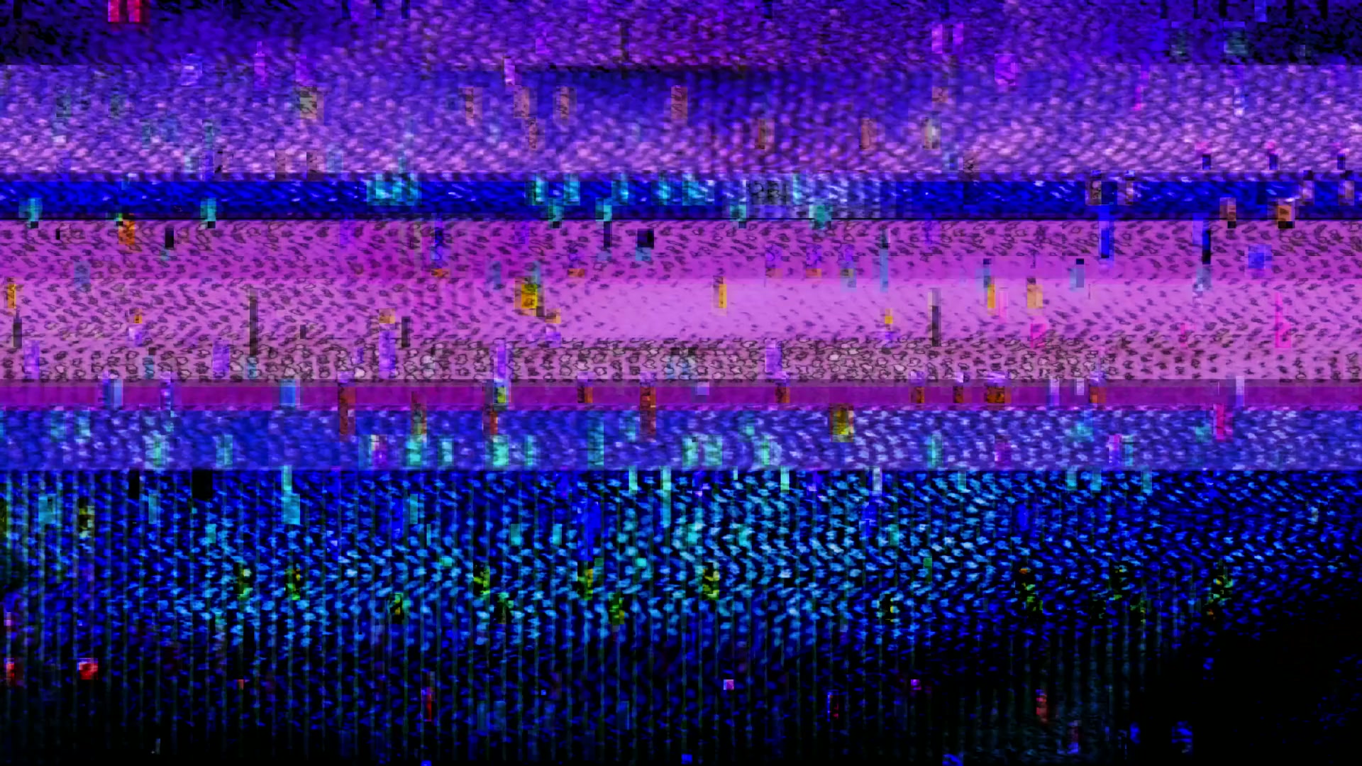 Vibrant digital glitch art video loop featuring abstract patterns with shades of purple, blue, and hints of pink, creating a modern, pixelated aesthetic.