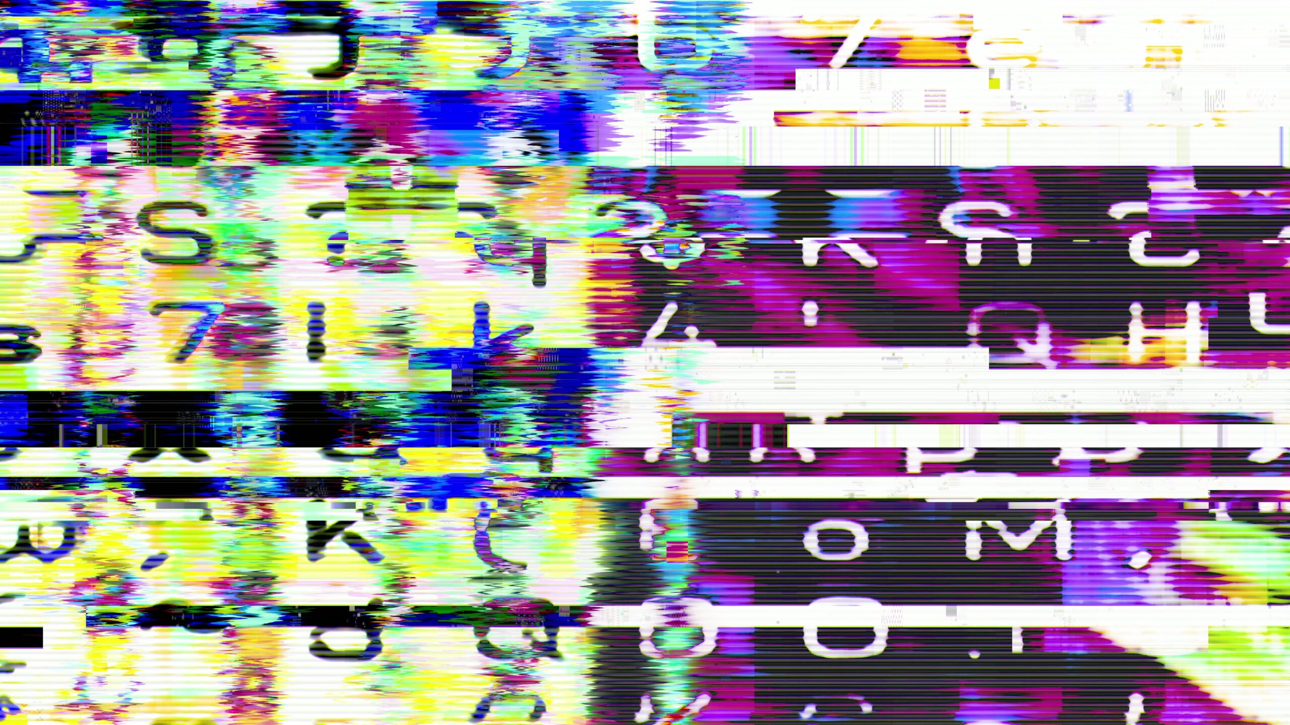 Abstract 4k video loop of digital glitch art with vibrant colors, distorted letters, and numbers creating a chaotic yet captivating visual.