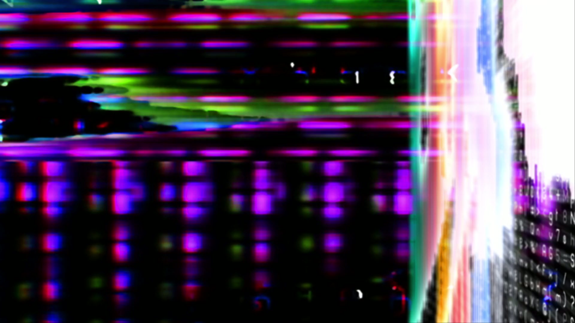 Abstract video loop glitch art featuring vibrant horizontal bands of purple, green, and blue with digital code overlay, creating a dynamic and colorful digital animation.