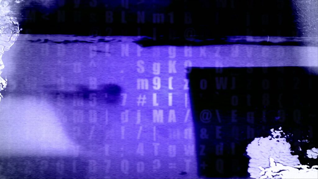 Abstract digital video loop with blue and purple hues, featuring zooming numbers and letters with a glitch-like appearance.