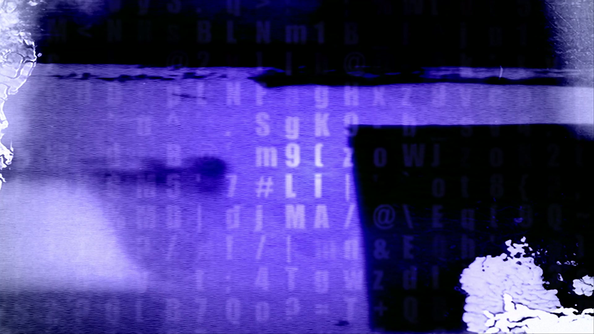 Abstract digital video loop with blue and purple hues, featuring zooming numbers and letters with a glitch-like appearance.