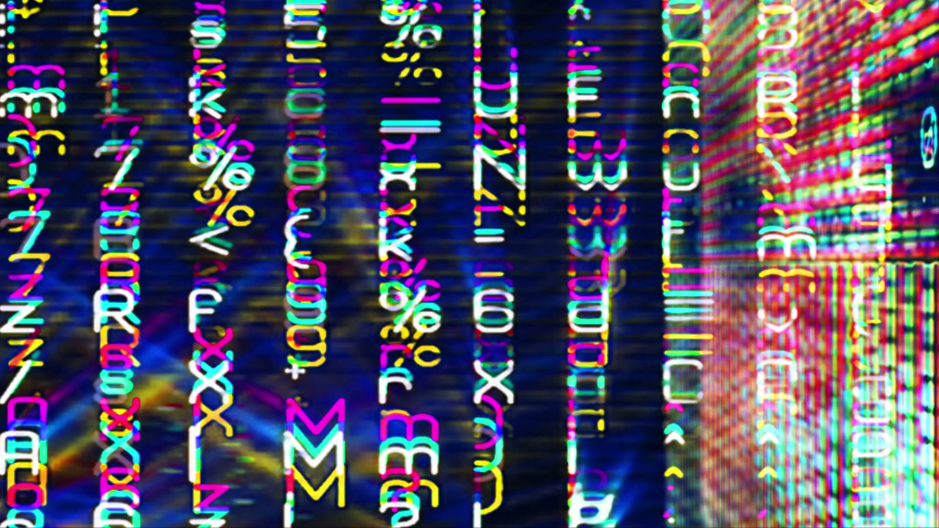 A vibrant digital video loop featuring colorful abstract symbols and letters resembling a futuristic code, set against a dark background, creating a striking contrast with neon shades of pink, yellow, and cyan.