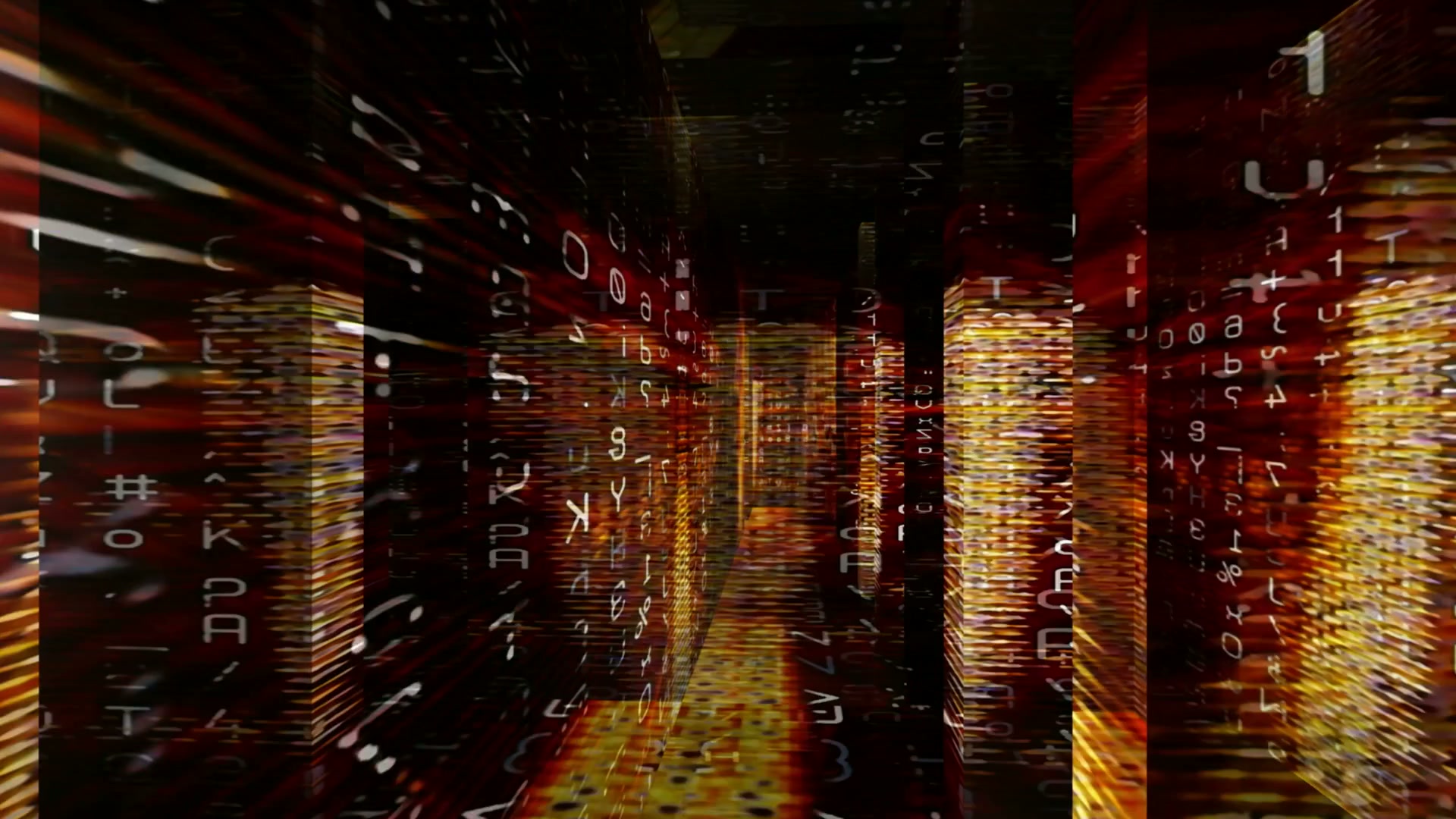 Abstract digital maze filled with glowing orange and red colors, featuring a cascade of floating alphanumeric symbols, creating a sci-fi, cyber-inspired video loop.