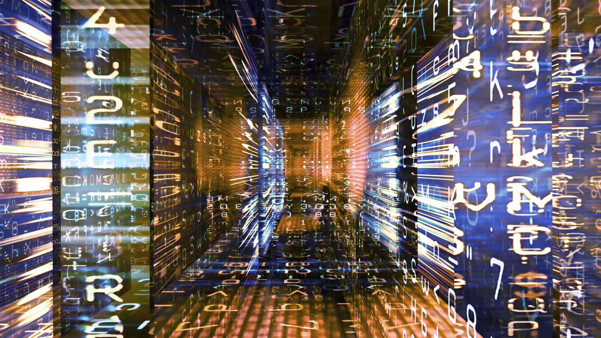 A glowing video loop tunnel with abstract numbers and letters, creating a futuristic digital ambiance.