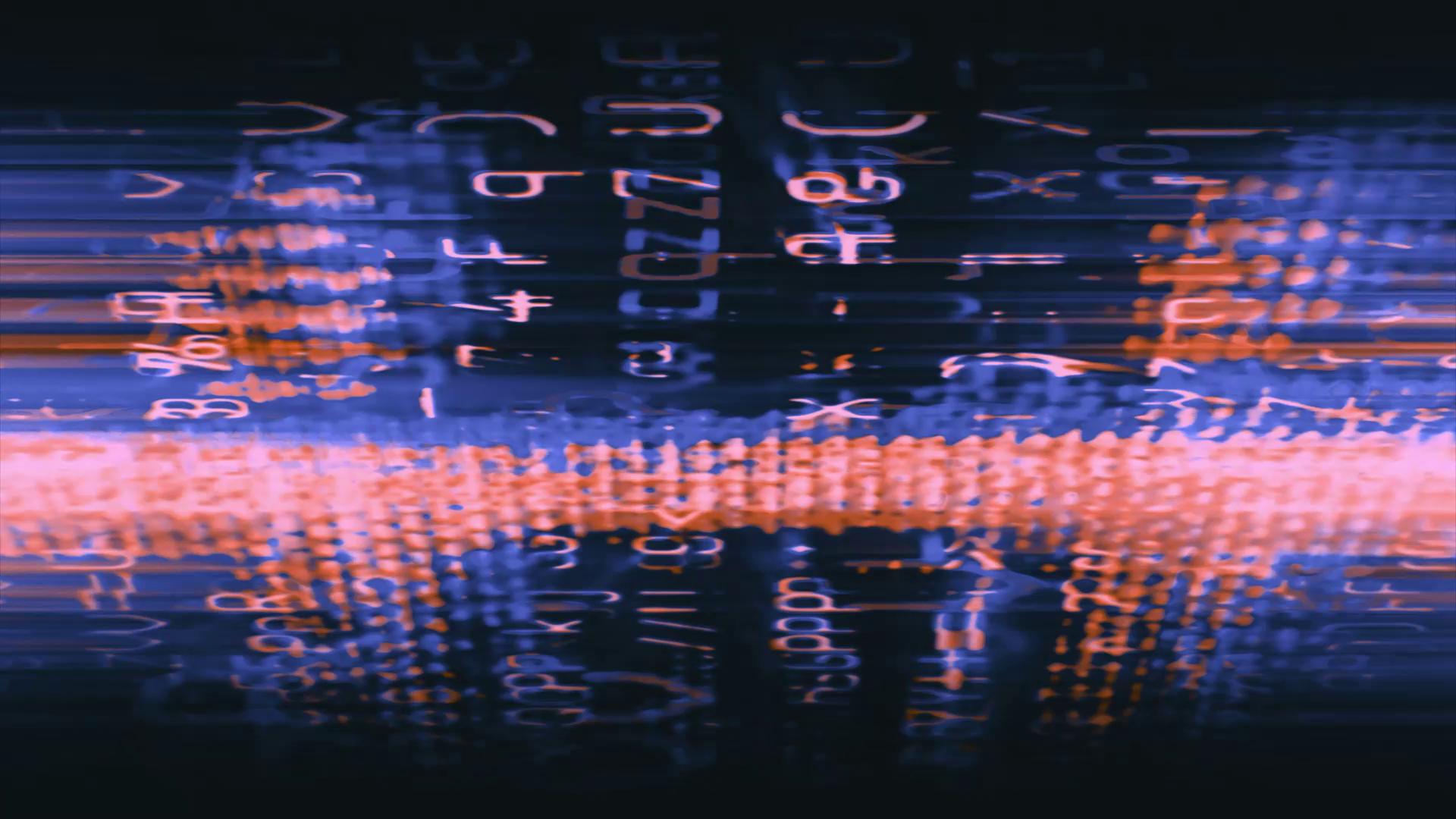 Abstract digital art video loop with neon blue and orange alphanumeric glitches.