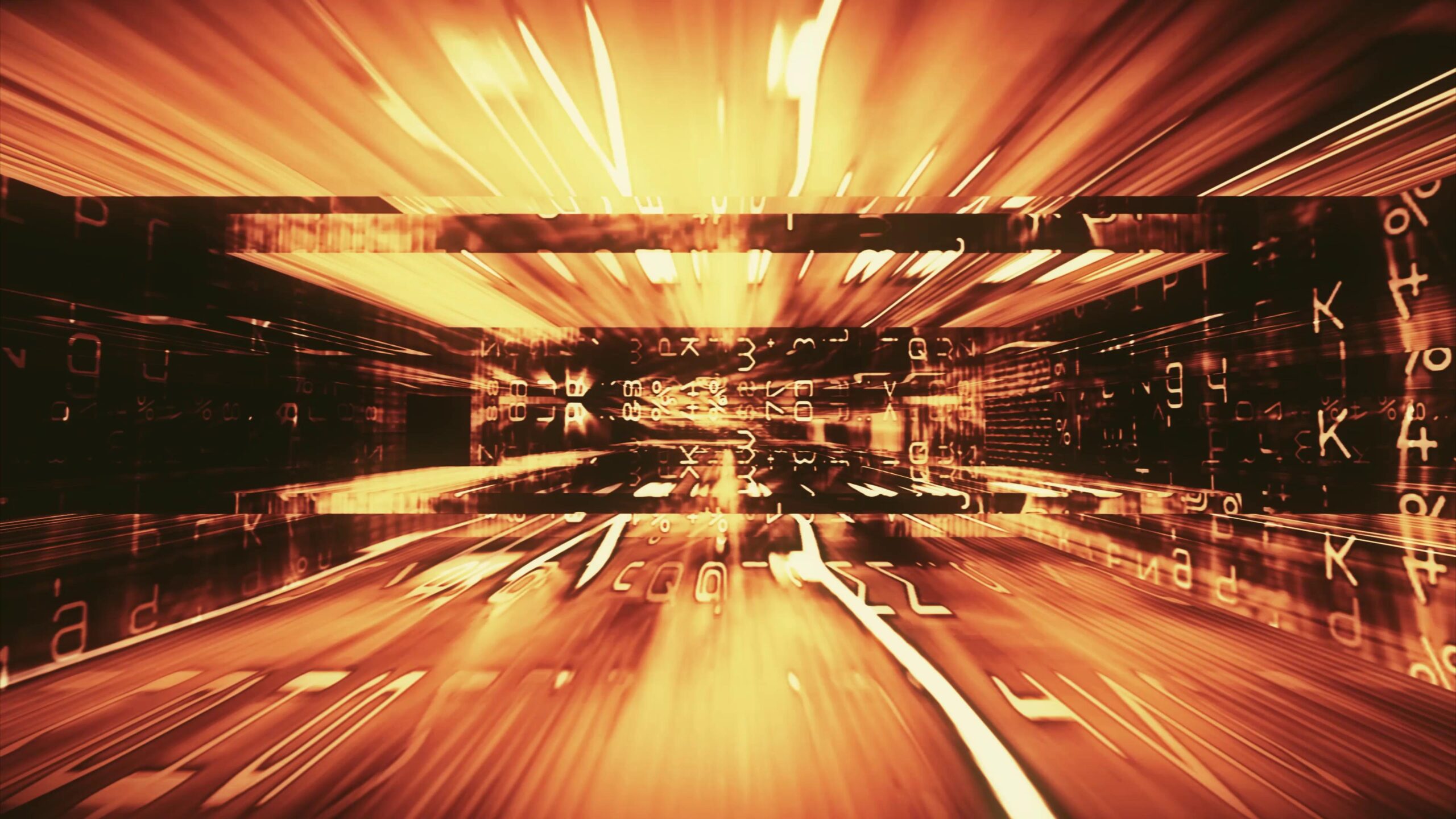 4K video loop abstract math tunnel with glowing symbols flowing into infinity.