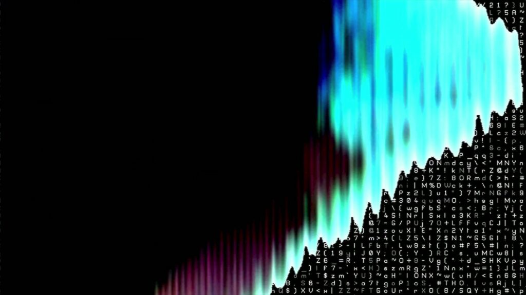 Abstract digital video loop featuring vibrant blue and purple wave patterns contrasting against a black background, with alphanumeric characters and symbols creating a futuristic code landscape.